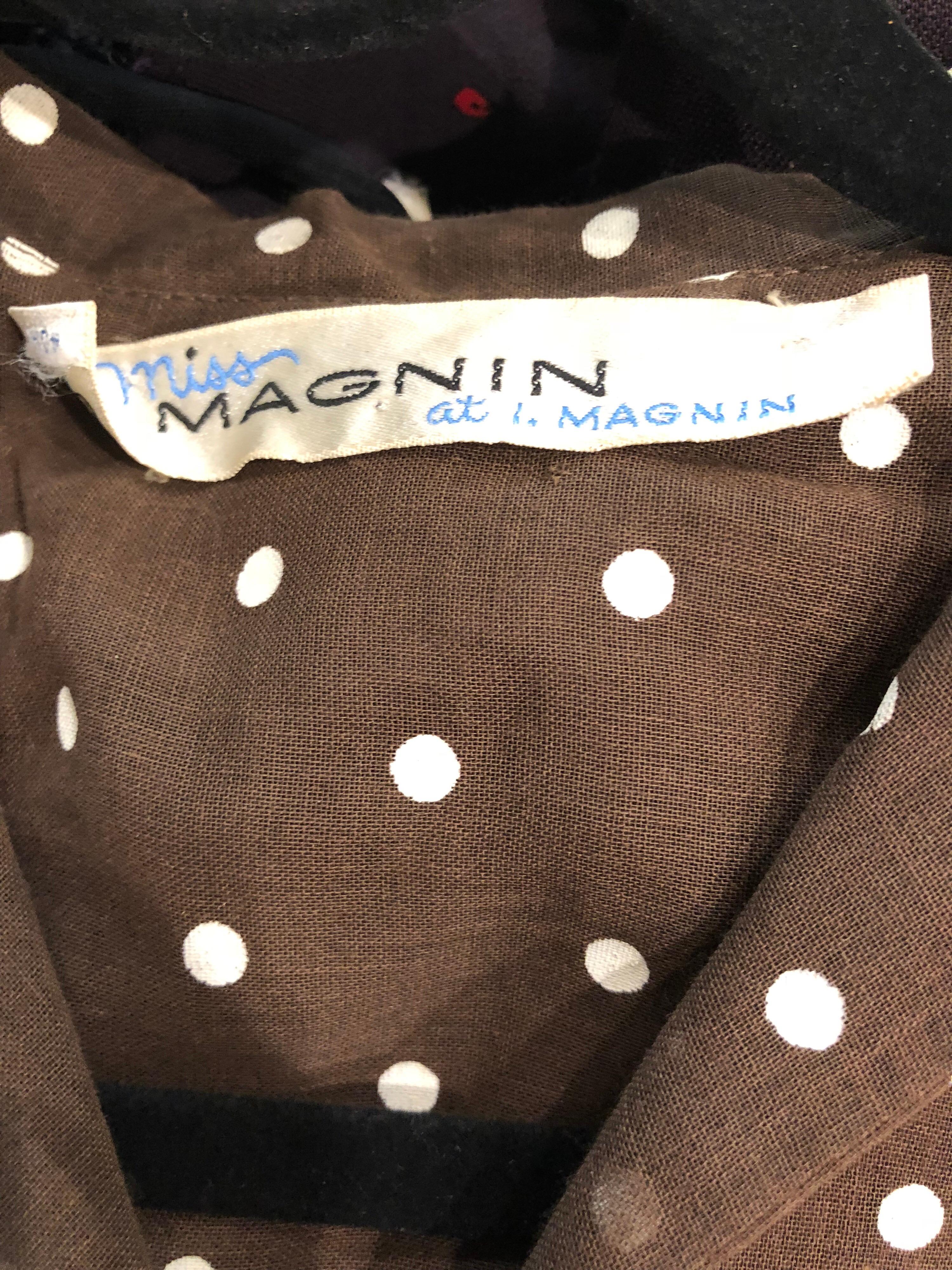 1970s I Magnin Brown and White Polka Dot Belted Cotton Vintage 70s Day Dress 8