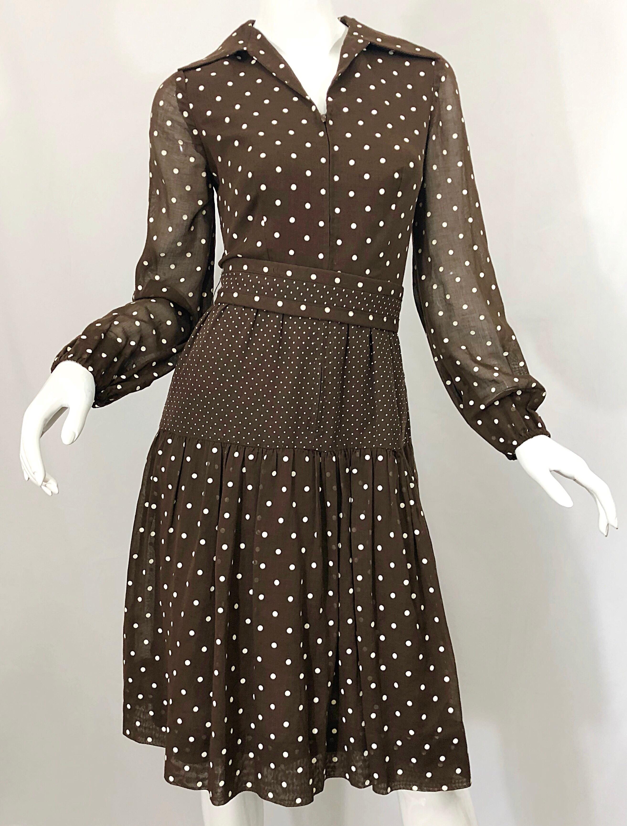 1970s I Magnin Brown and White Polka Dot Belted Cotton Vintage 70s Day Dress 5