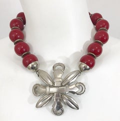 1960s Pierre Cardin Rare Brutalist Oversized Shield Red + Silver 60s Necklace