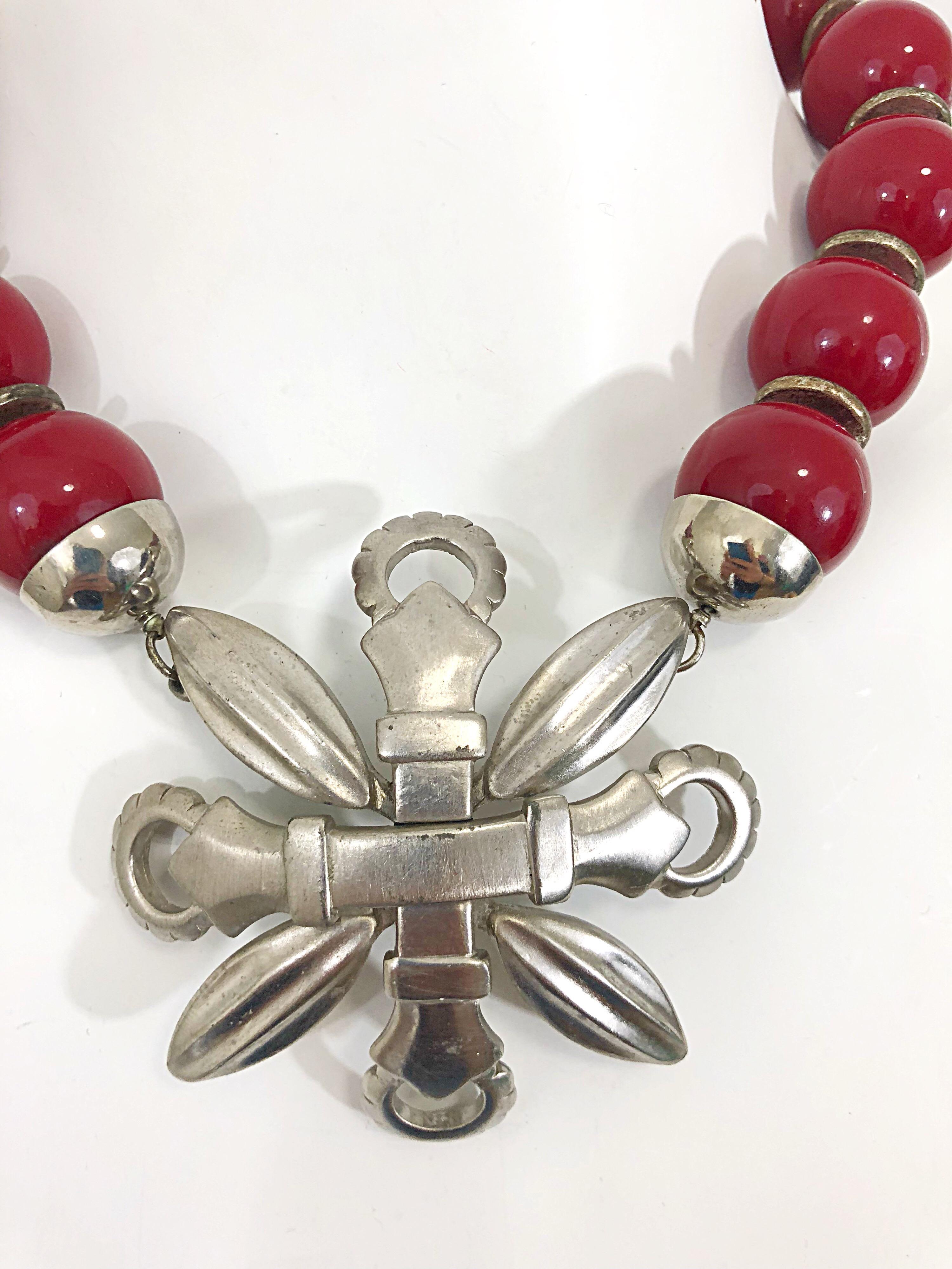 Women's 1960s Pierre Cardin Rare Brutalist Oversized Shield Red + Silver 60s Necklace For Sale
