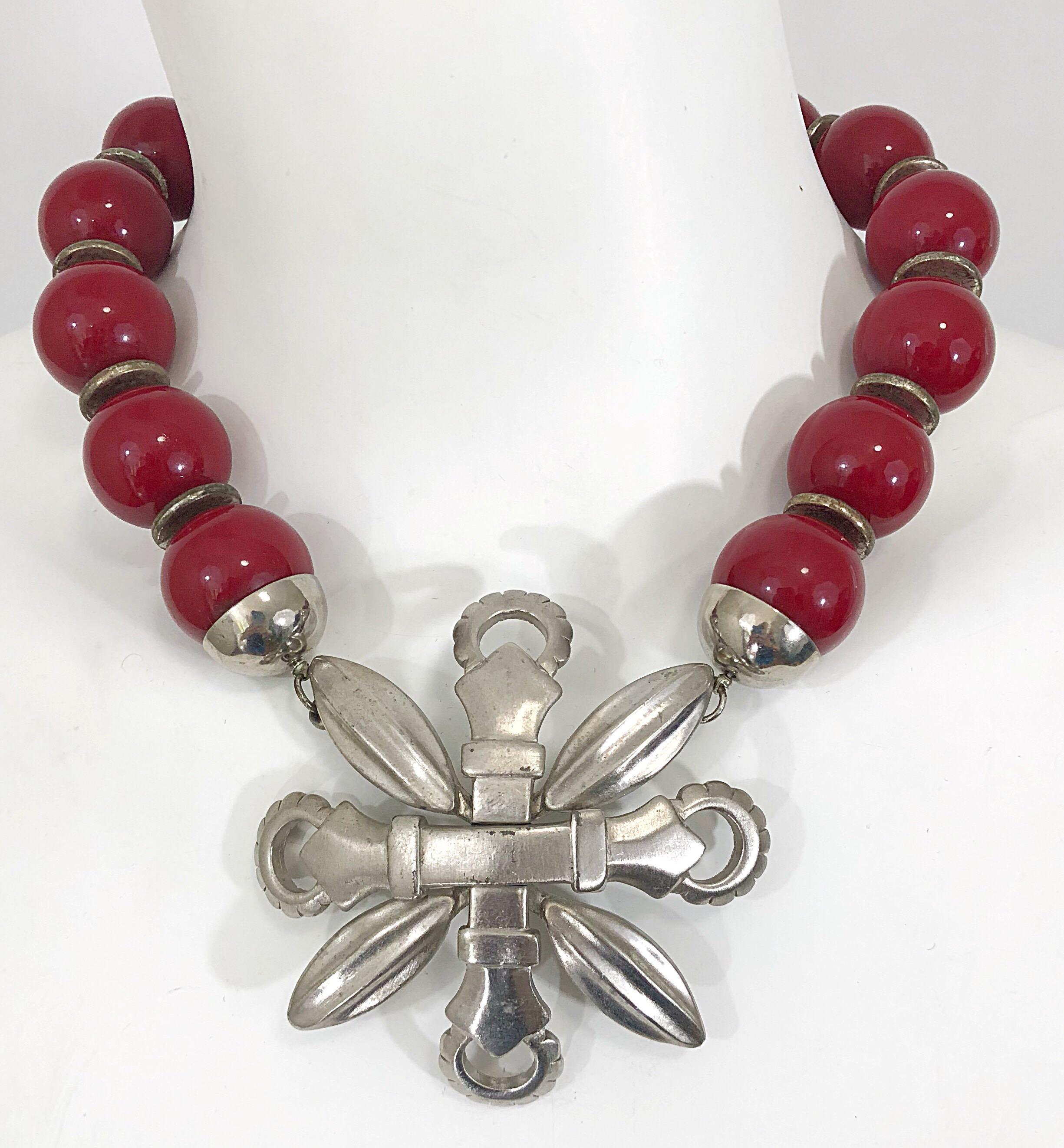 1960s Pierre Cardin Rare Brutalist Oversized Shield Red + Silver 60s Necklace For Sale 2