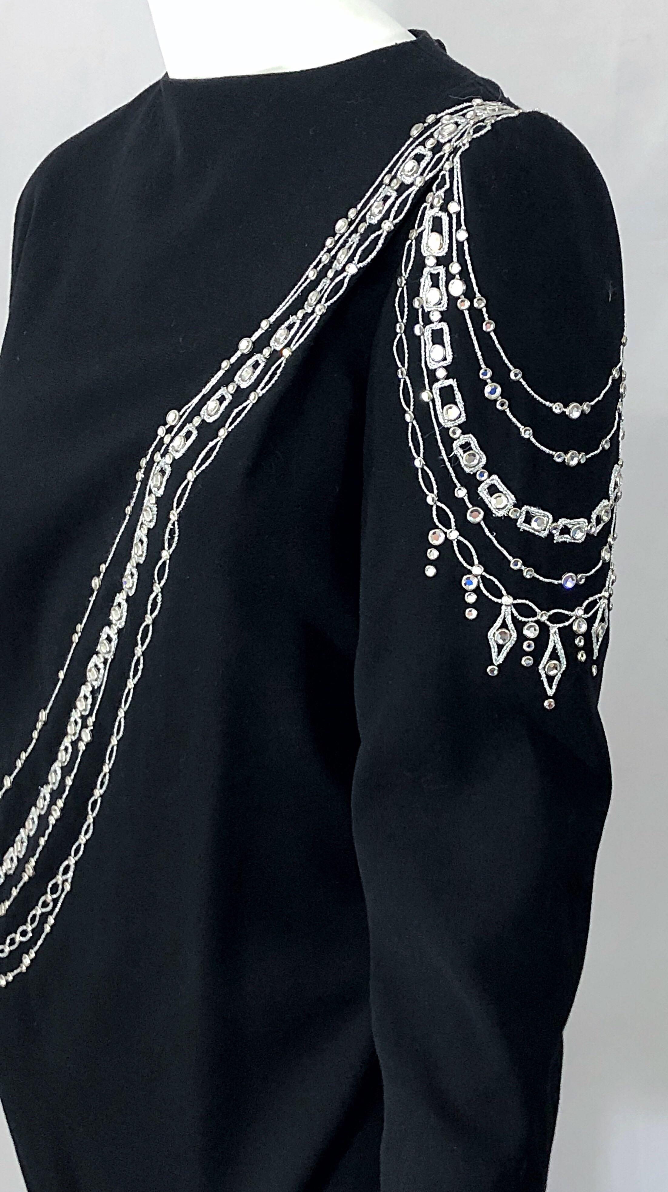 Women's Vintage Bob Mackie Plus Size 1990s Black + Silver Rhinestone Long Sleeve Dress