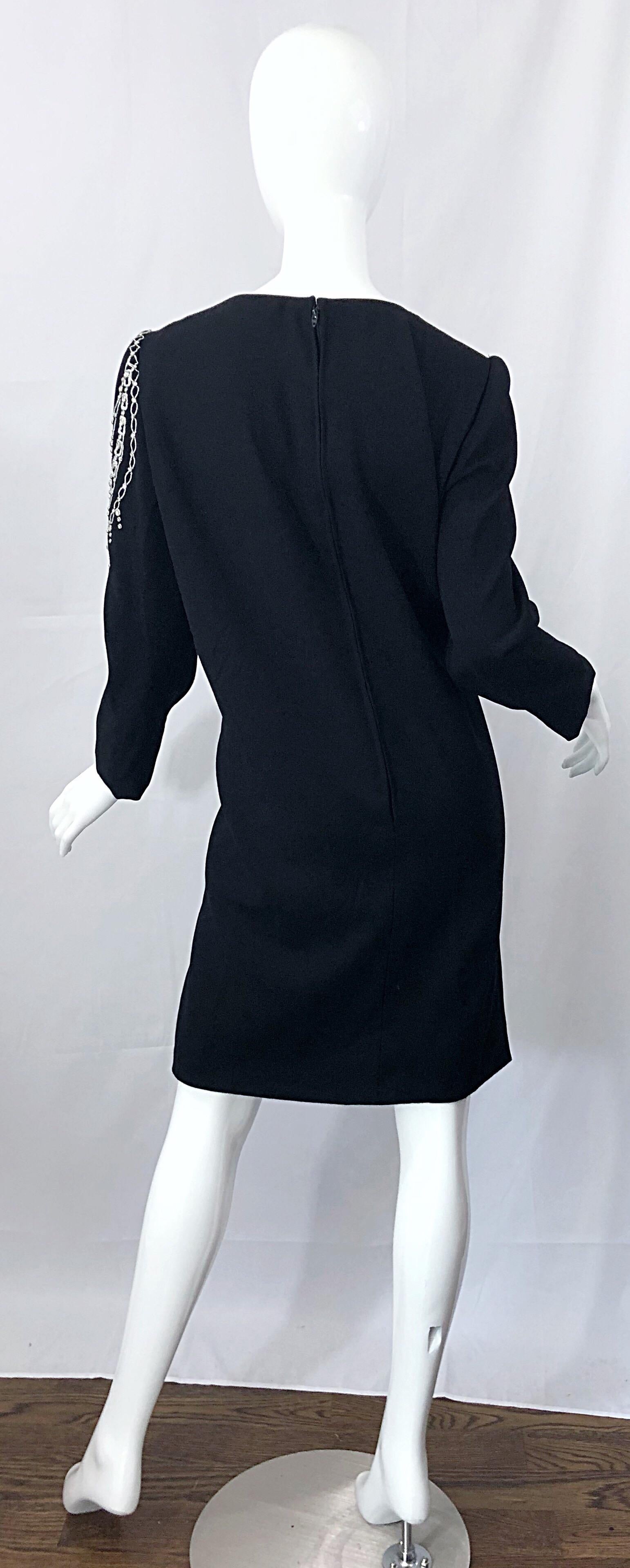 Vintage Bob Mackie Plus Size 1990s Black + Silver Rhinestone Long Sleeve Dress 1