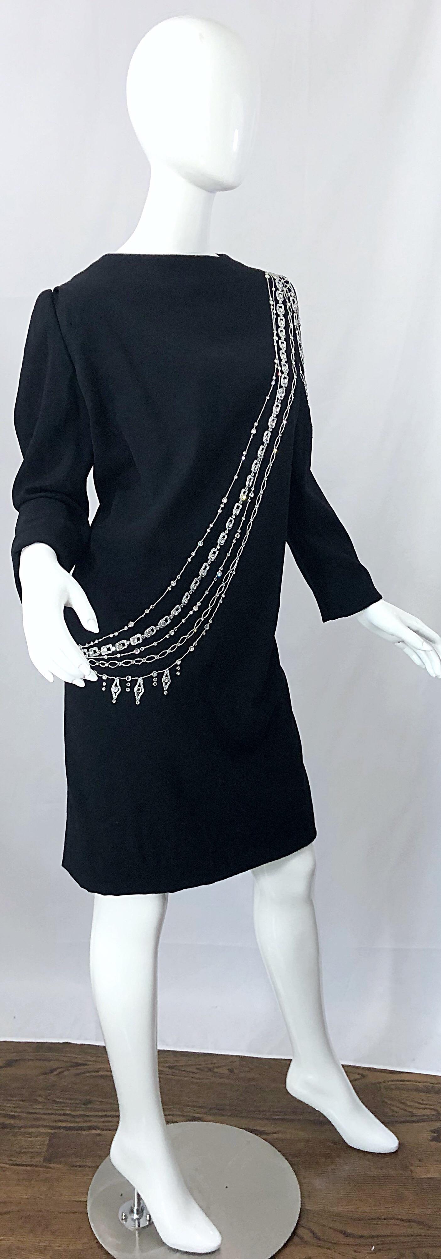 Vintage Bob Mackie Plus Size 1990s Black + Silver Rhinestone Long Sleeve Dress 2