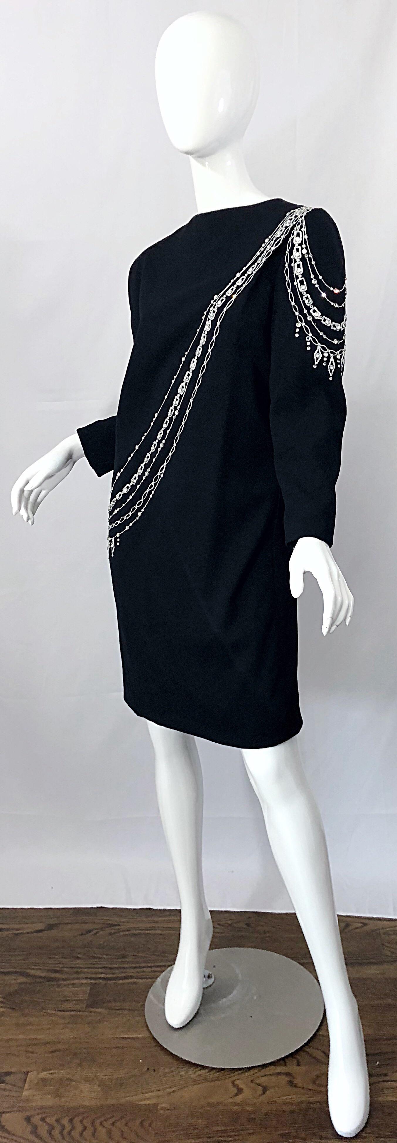 Vintage Bob Mackie Plus Size 1990s Black + Silver Rhinestone Long Sleeve Dress 5