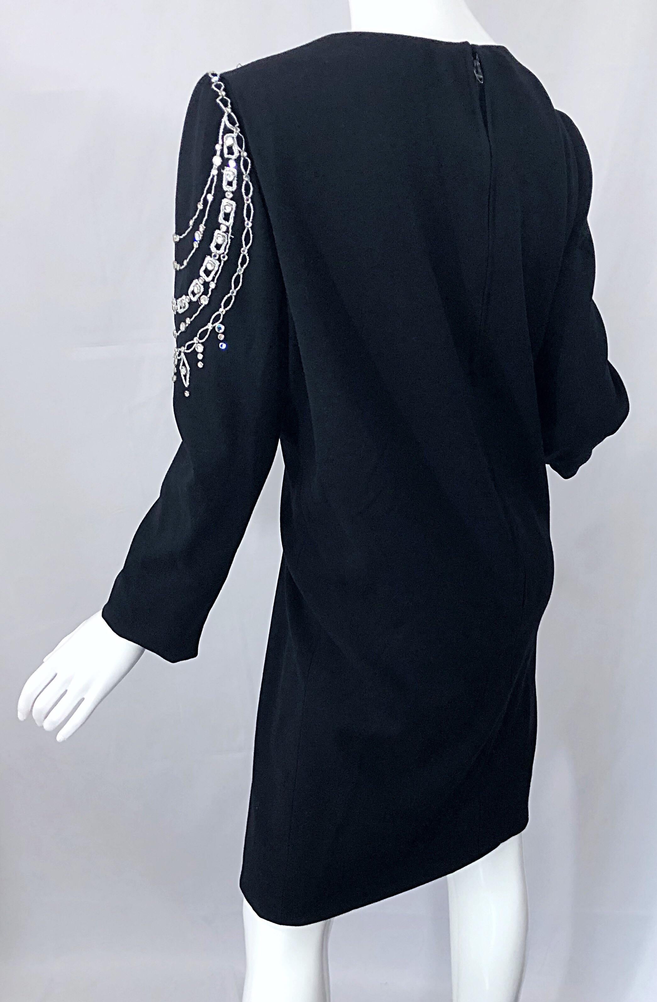 Vintage Bob Mackie Plus Size 1990s Black + Silver Rhinestone Long Sleeve Dress 6