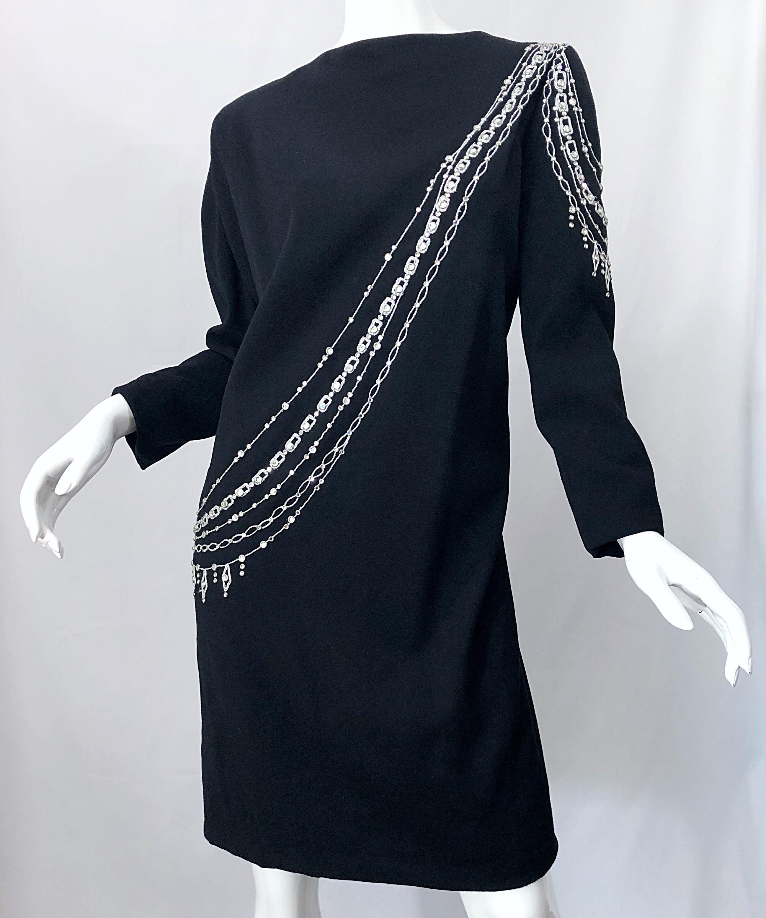 Vintage Bob Mackie Plus Size 1990s Black + Silver Rhinestone Long Sleeve Dress 8