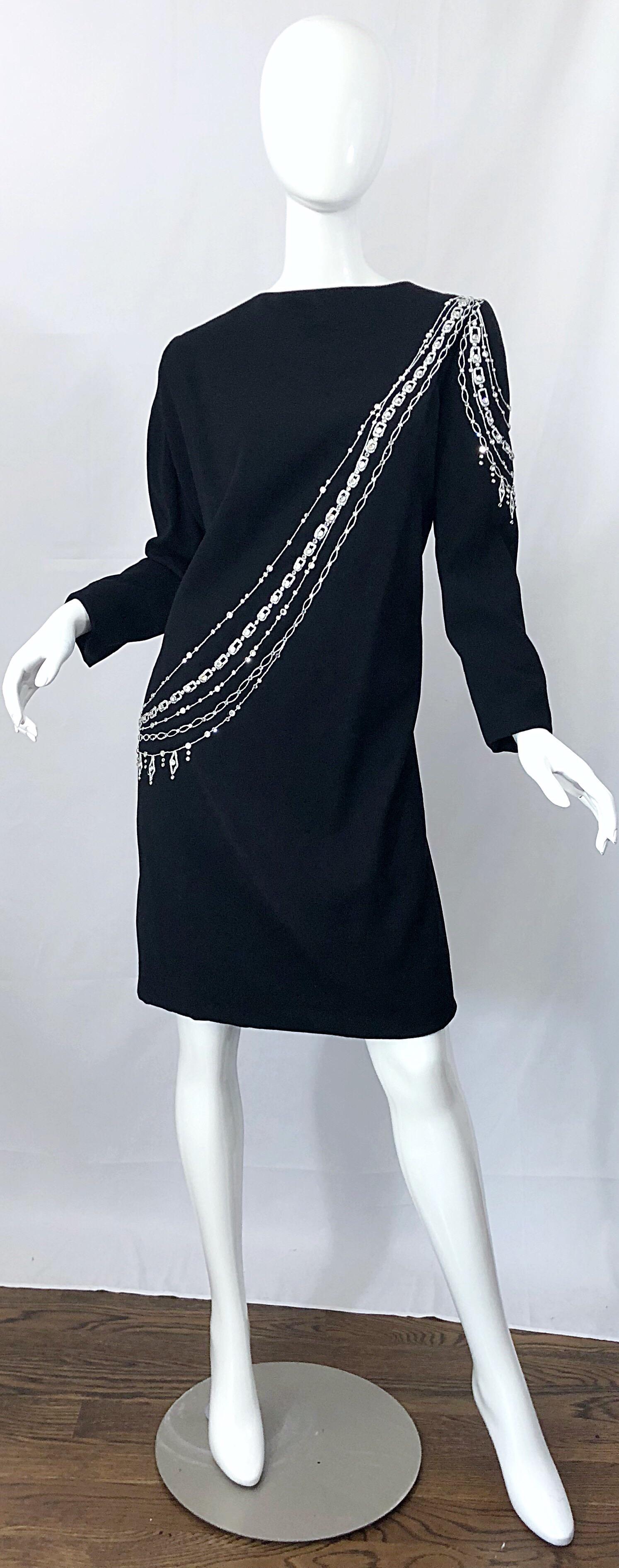 Vintage Bob Mackie Plus Size 1990s Black + Silver Rhinestone Long Sleeve Dress 9