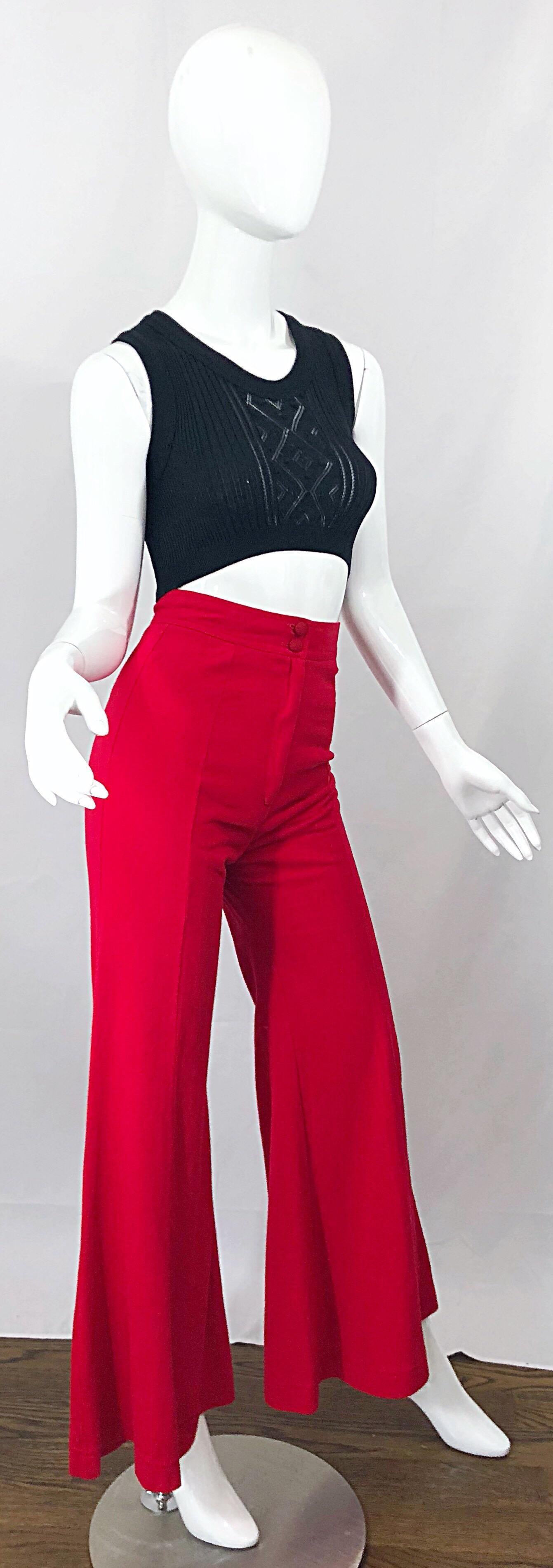1970s Alley Cat By Betsey Johnson Red Vintage High Waisted Flared Bell Bottoms In Excellent Condition For Sale In San Diego, CA