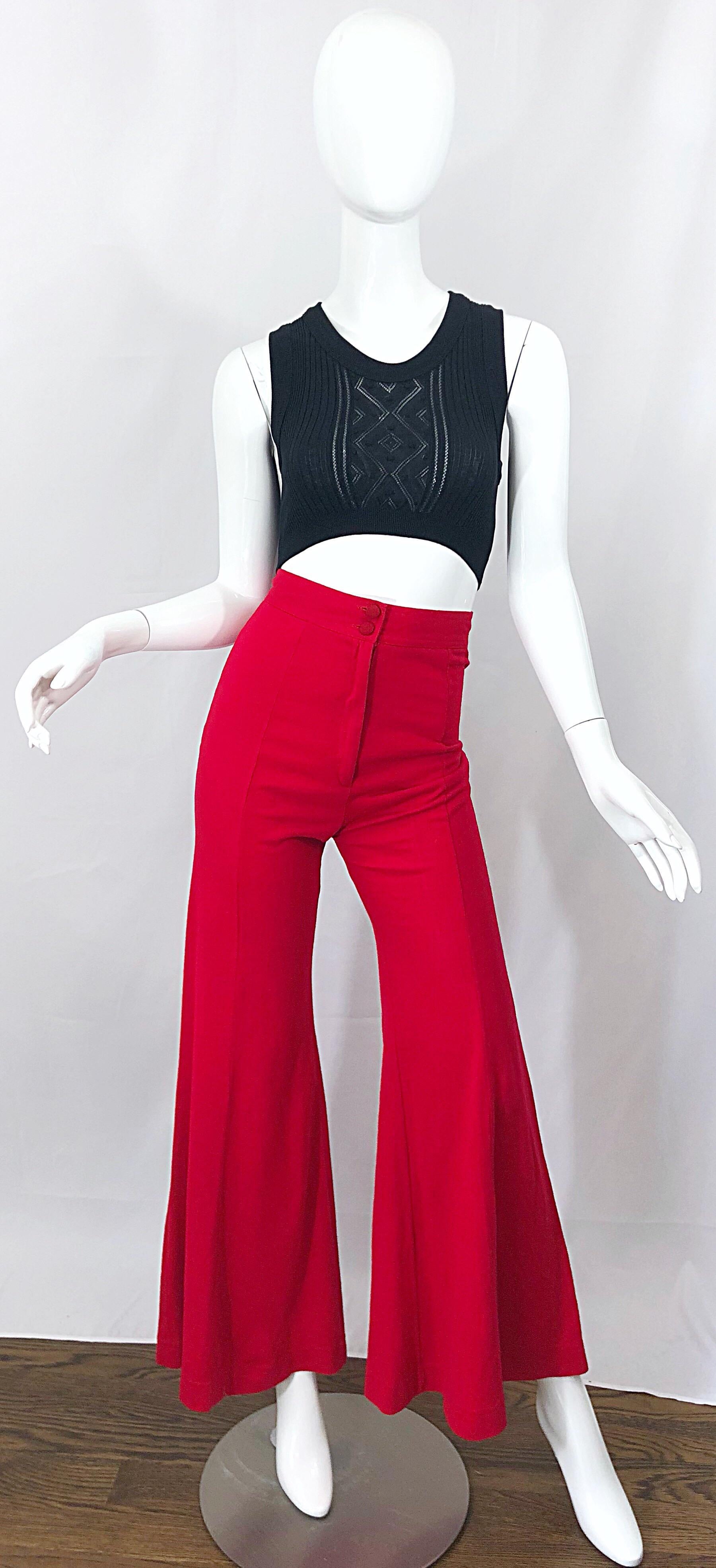 1970s Alley Cat By Betsey Johnson Red Vintage High Waisted Flared Bell Bottoms For Sale 3