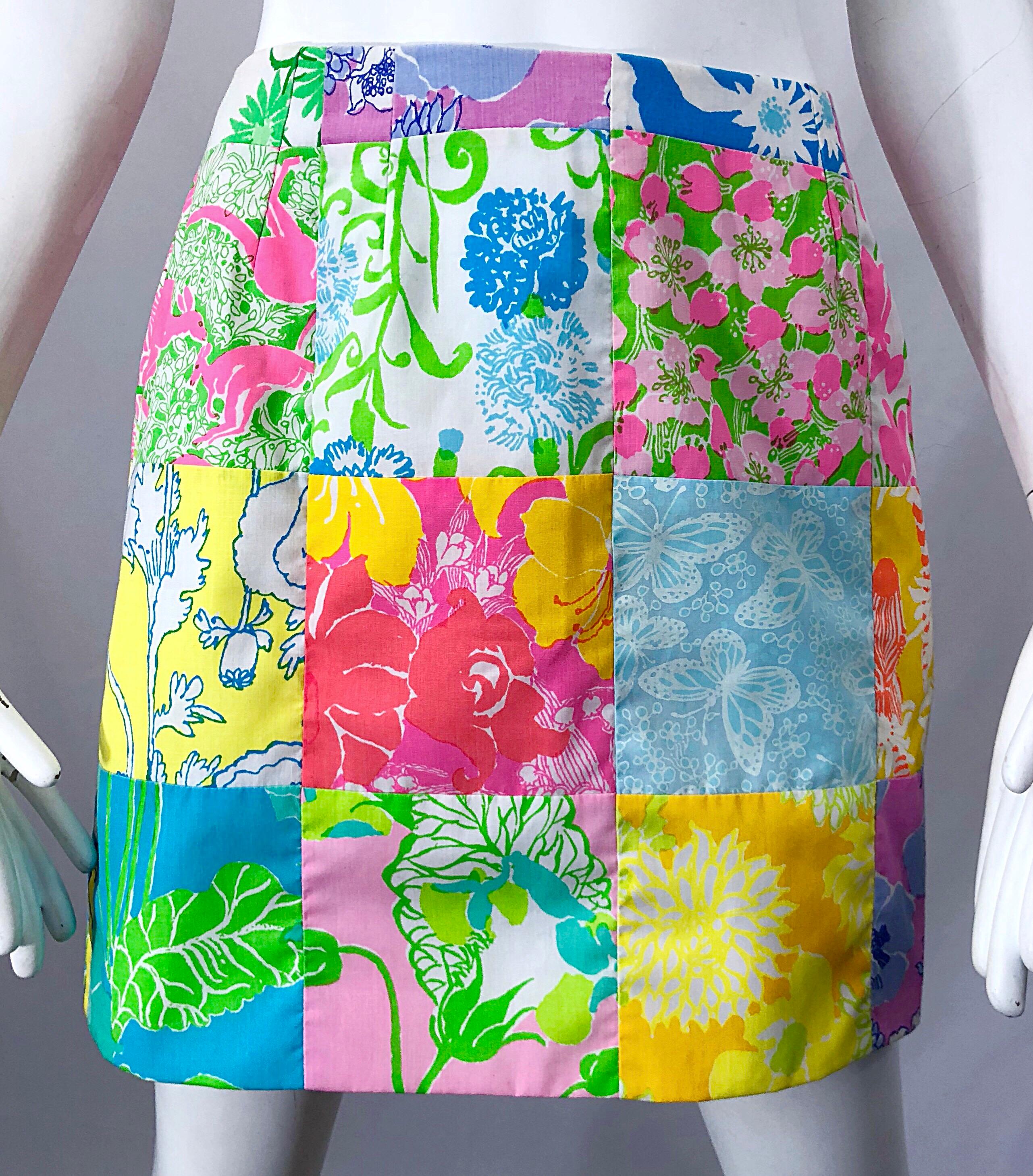 1970s Lilly Pulitzer The Lilly Rare Signature Patchwork Vintage 70s Mini Skirt In Excellent Condition In San Diego, CA
