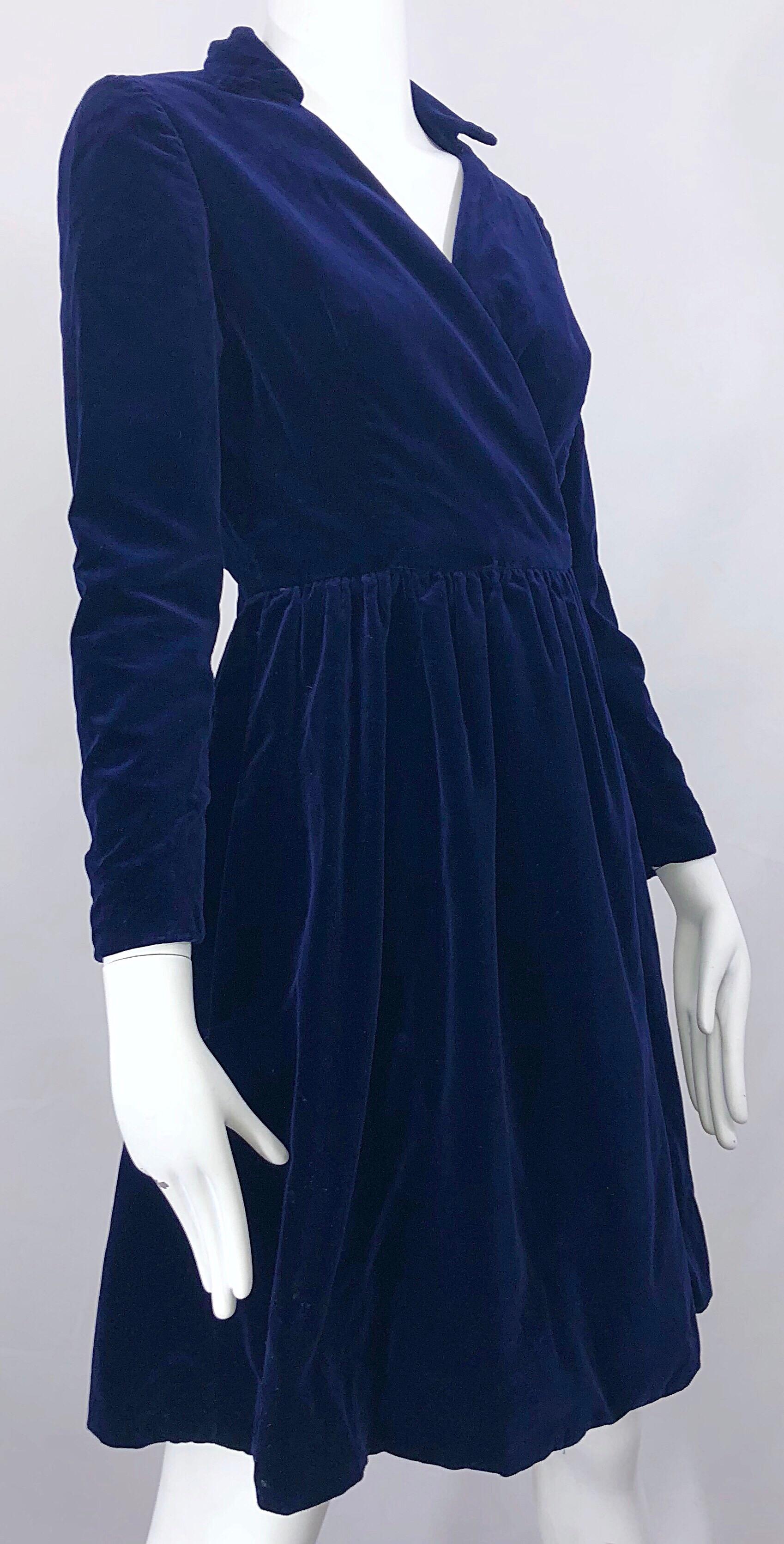 Women's 1950s Adele Simpson Navy Midnight Blue Velvet Vintage 50s Wrap Shirt Dress For Sale