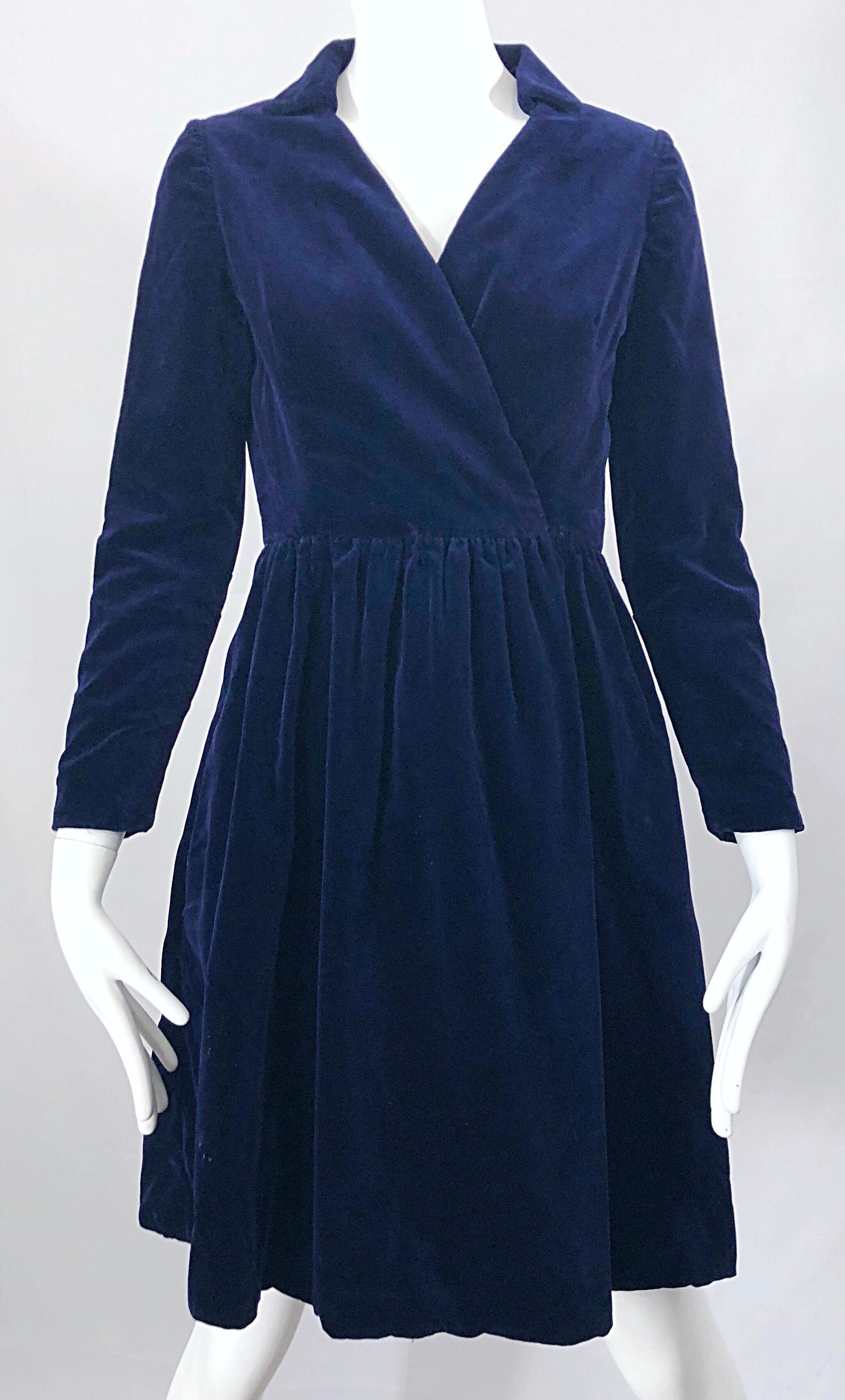 1950s Adele Simpson Navy Midnight Blue Velvet Vintage 50s Wrap Shirt Dress For Sale 2