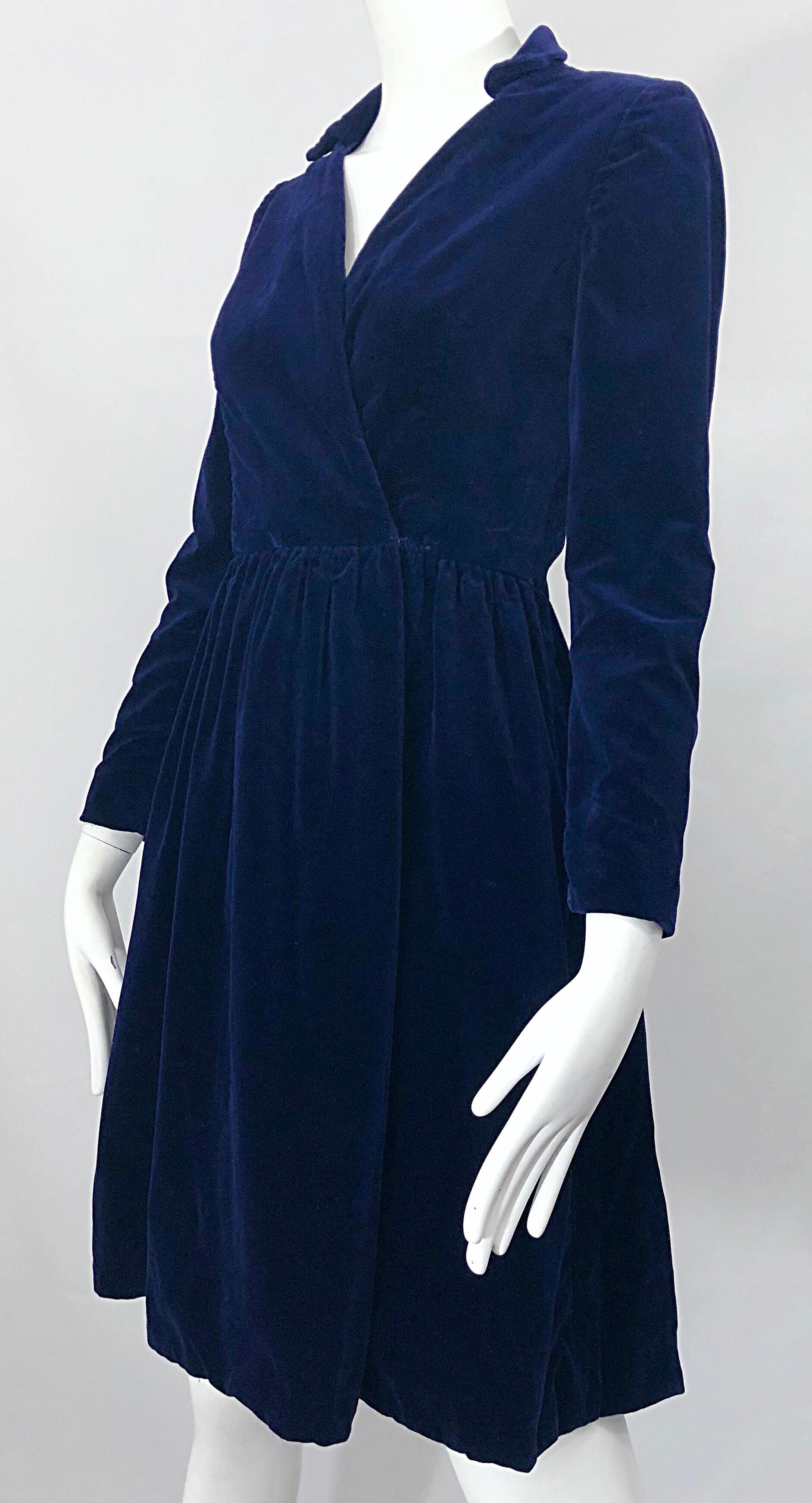 1950s Adele Simpson Navy Midnight Blue Velvet Vintage 50s Wrap Shirt Dress For Sale 3