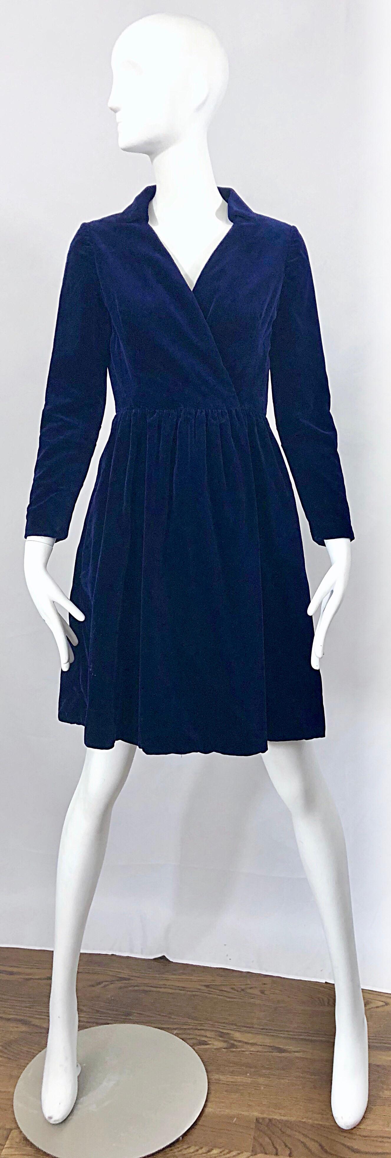 1950s Adele Simpson Navy Midnight Blue Velvet Vintage 50s Wrap Shirt Dress For Sale 4