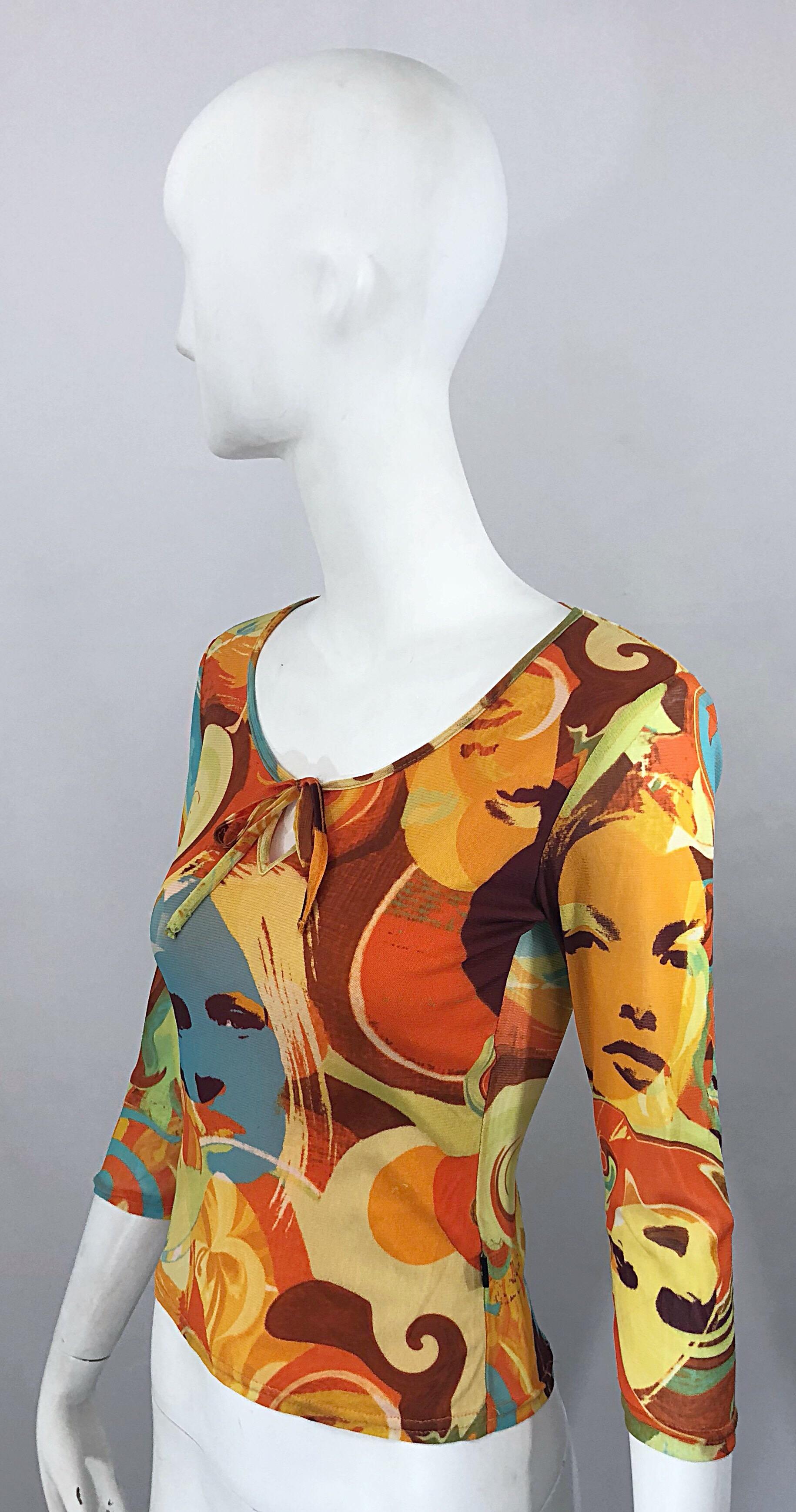 Amazing 1990s Does 1970s French Made Novelty Print Covergirl Vintage 90s Shirt In Excellent Condition In San Diego, CA