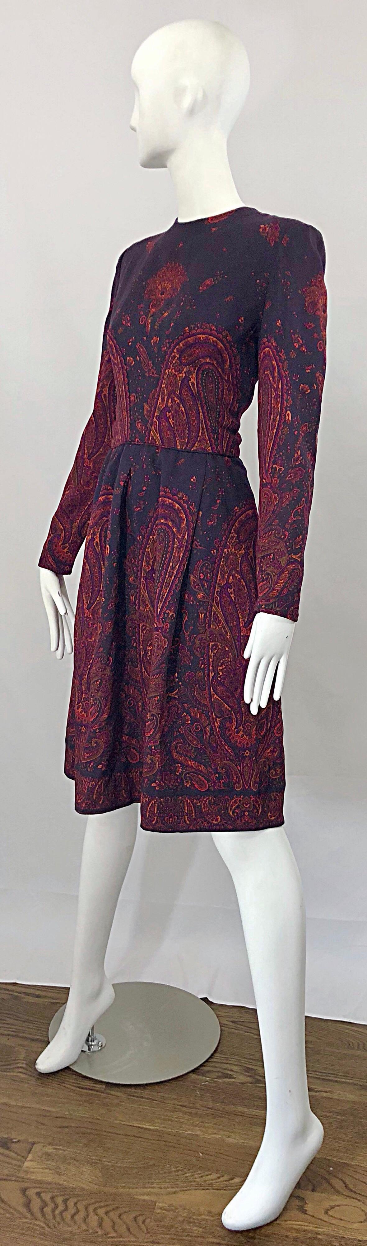 Black Chic Vintage Pauline Trigere Dark Purple Paisley Wool Challis Long Sleeve Dress For Sale