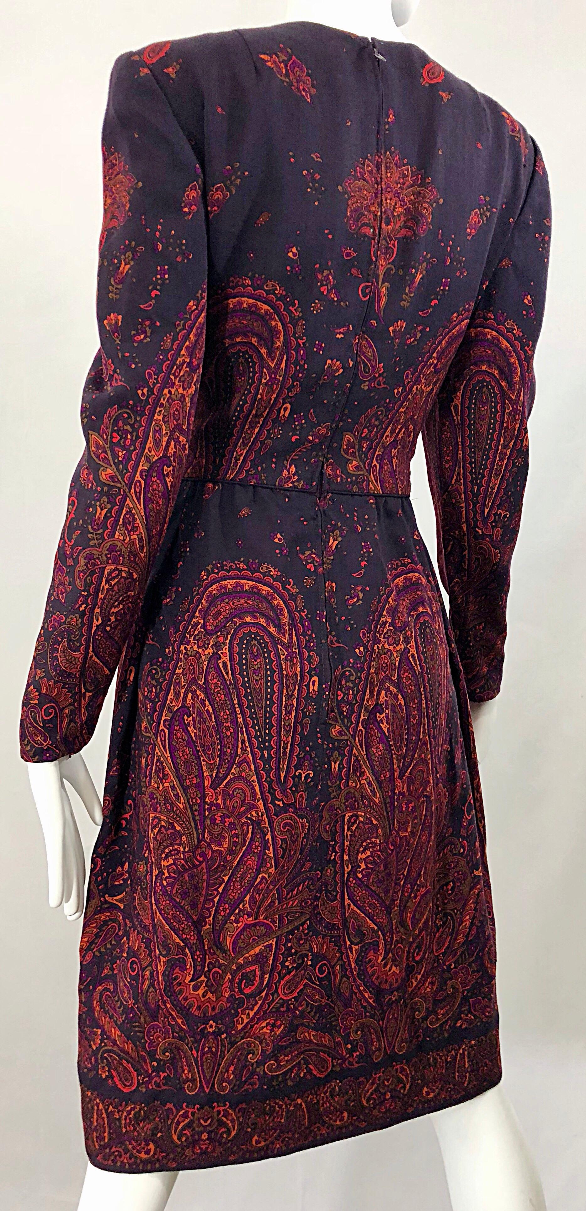 Chic Vintage Pauline Trigere Dark Purple Paisley Wool Challis Long Sleeve Dress For Sale 2