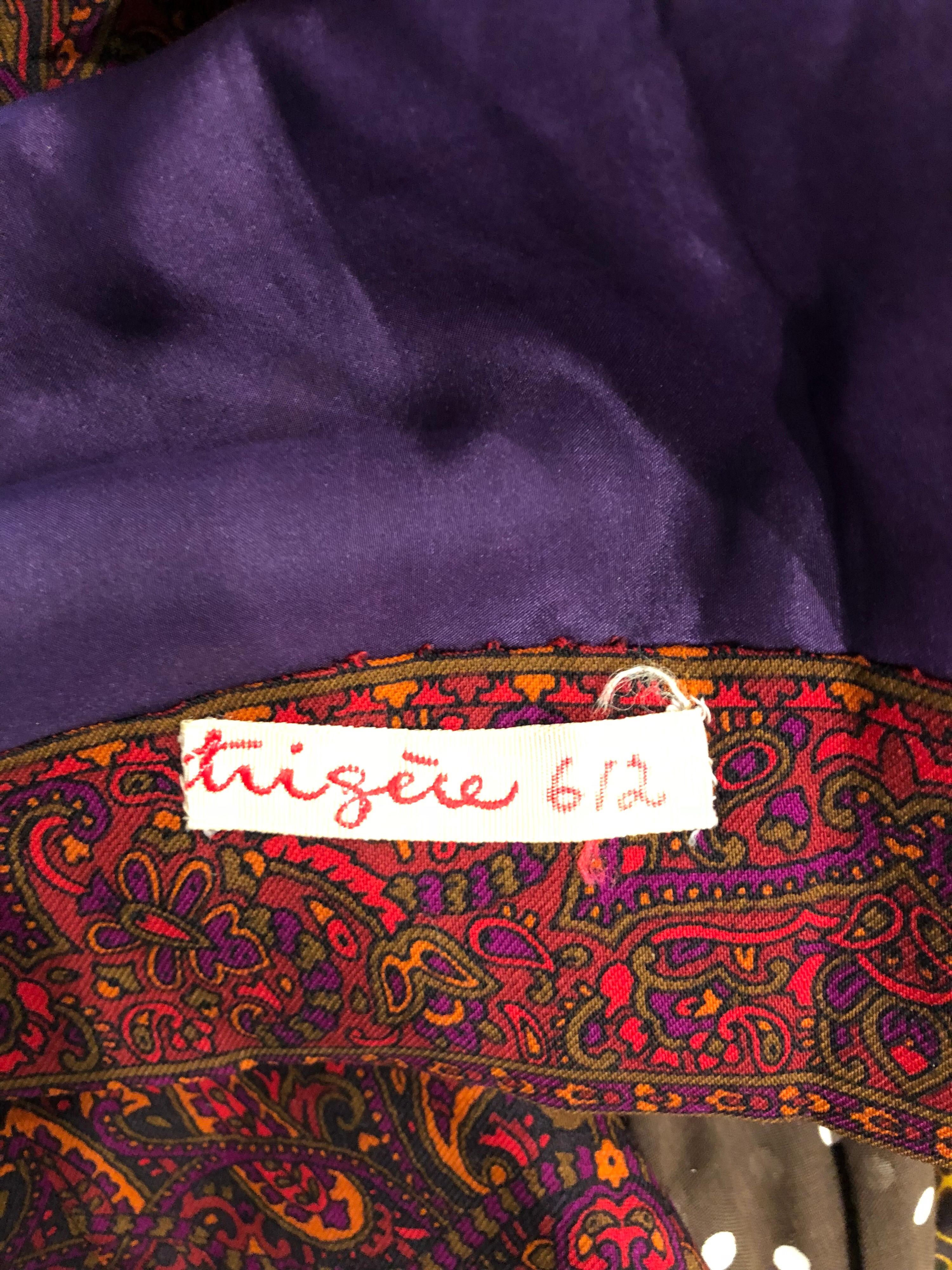 Chic Vintage Pauline Trigere Dark Purple Paisley Wool Challis Long Sleeve Dress For Sale 4