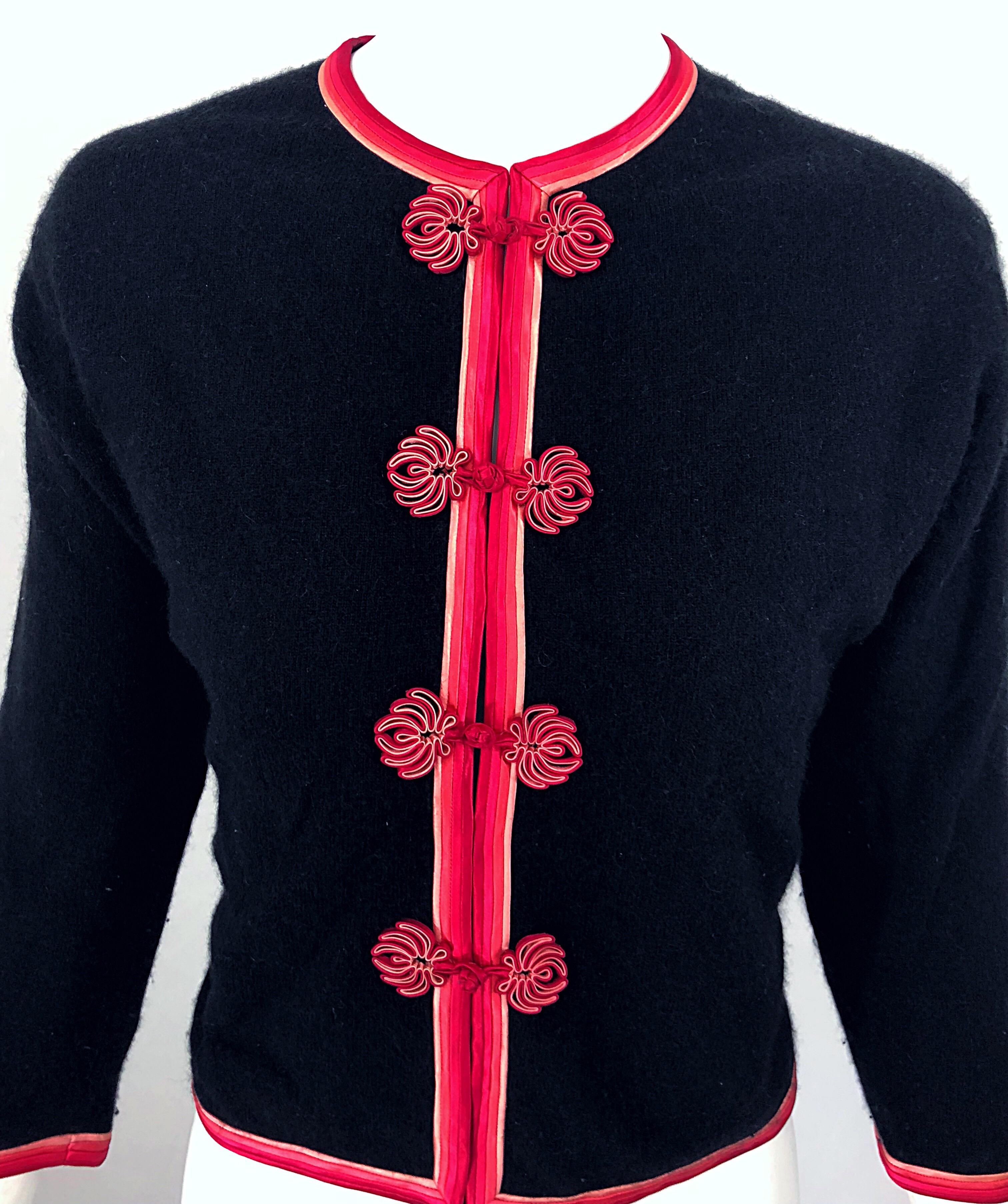 1950s Monhan's Ltd. Black Pink Asian Wool Hong Kong Vintage 50s Cardigan Sweater 1