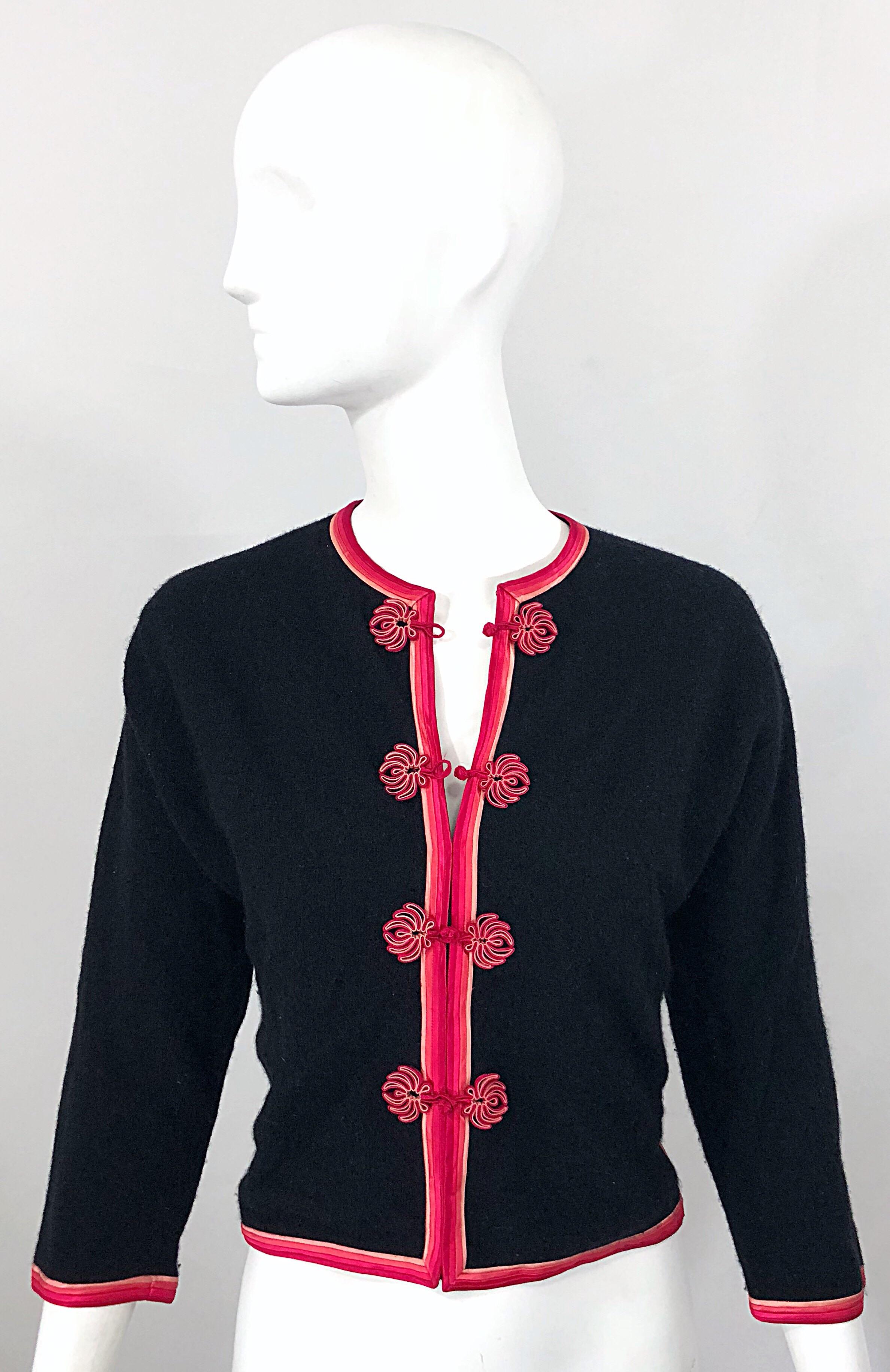 1950s Monhan's Ltd. Black Pink Asian Wool Hong Kong Vintage 50s Cardigan Sweater 5