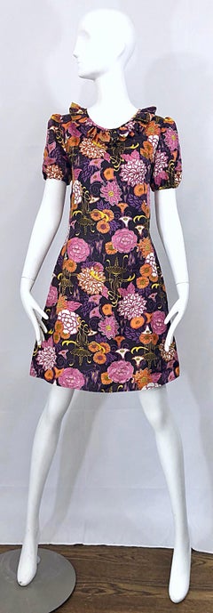 Chic 1960s Lotus Orchid Novelty Flower Print Short Puff Sleeve A Line 60s Dress