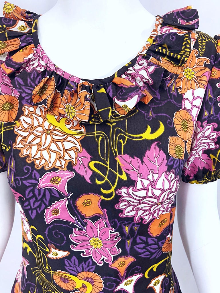 Chic 1960s Lotus Orchid Novelty Flower Print Short Puff Sleeve A Line ...