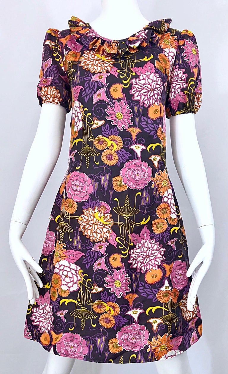 Women's Chic 1960s Lotus Orchid Novelty Flower Print Short Puff Sleeve A Line 60s Dress For Sale