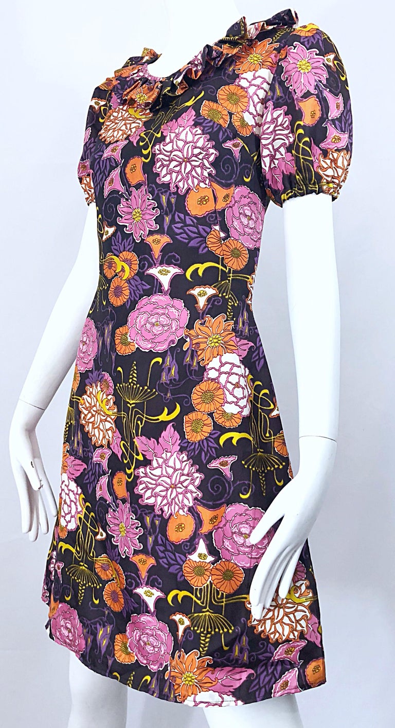 Chic 1960s Lotus Orchid Novelty Flower Print Short Puff Sleeve A Line ...