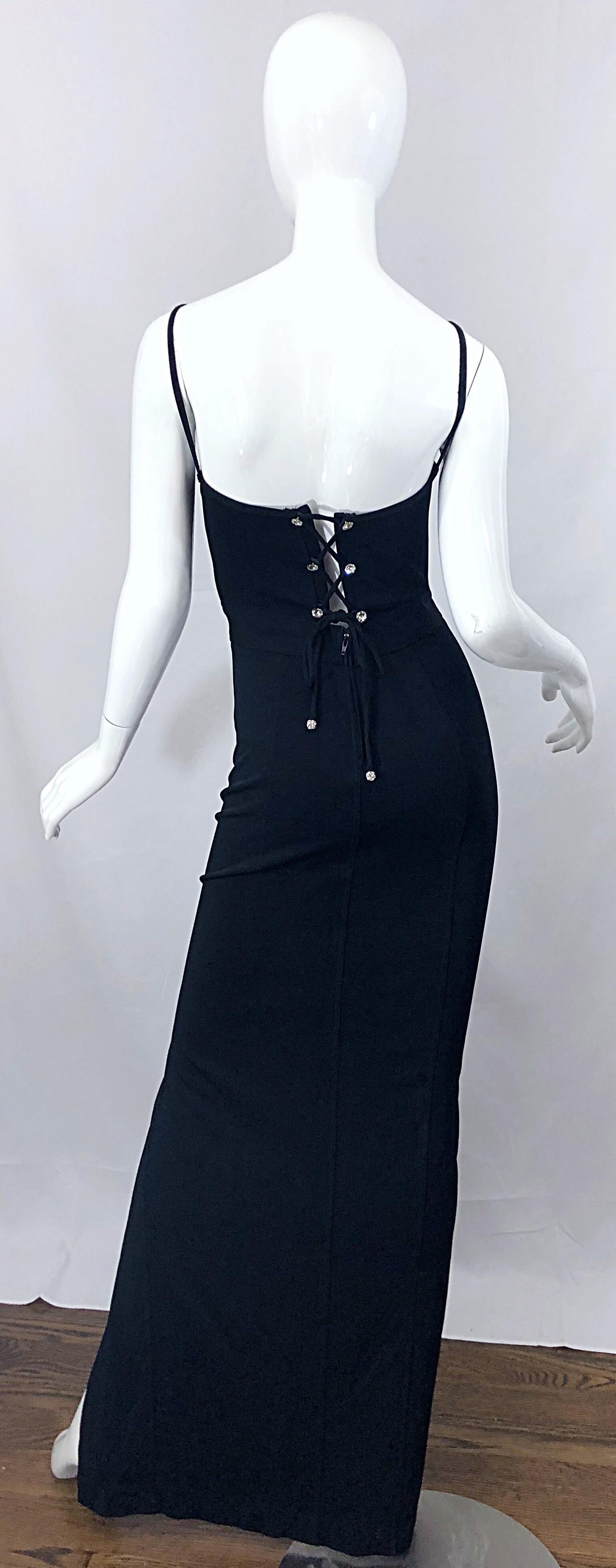 Sexy vintage 1990s TADASHI SHOJI black stretch criss-cross rhinestone back full length sleeveless evening dress! Features a soft stretch jersey that is both flattering and comfortable. Fitted beaded and rhinestone bodice. Criss-cross rhinestone