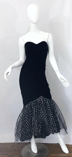 Fabulous 1980s Black + Silver Size Medium Strapless 80s Flamenco Mermaid Gown