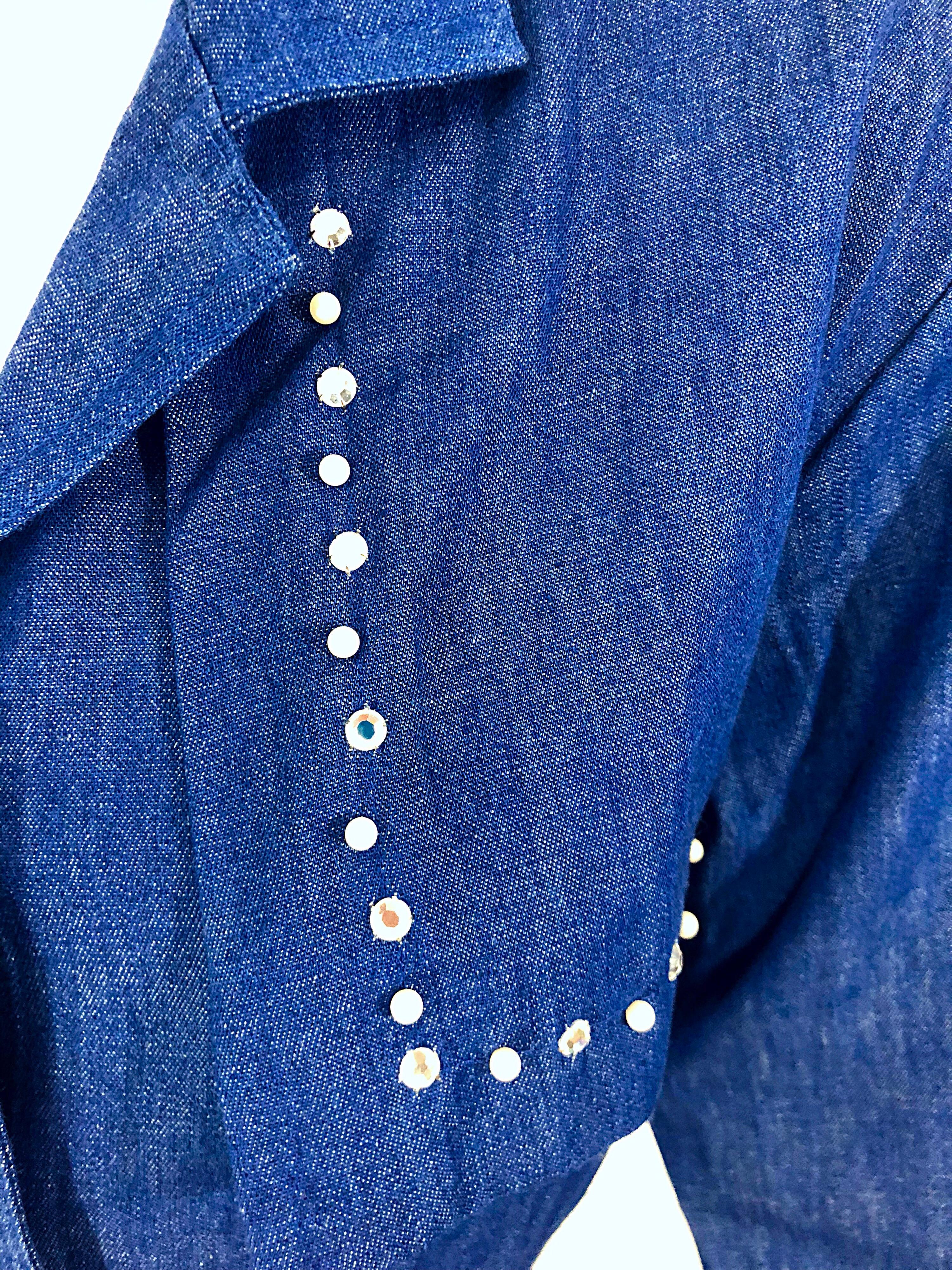 Amazing 1990s French Designer Blue Jean Denim + Rhinestone Pear Vintage Jumpsuit In Excellent Condition In San Diego, CA