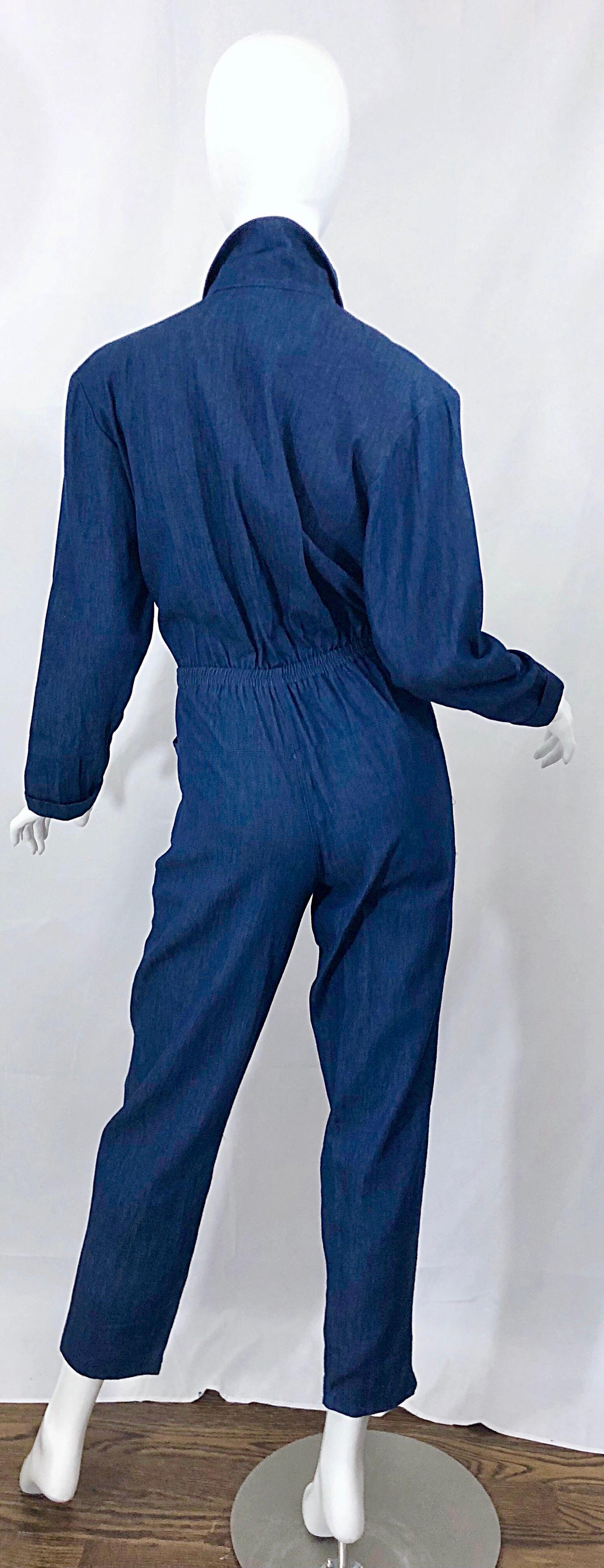 Women's Amazing 1990s French Designer Blue Jean Denim + Rhinestone Pear Vintage Jumpsuit