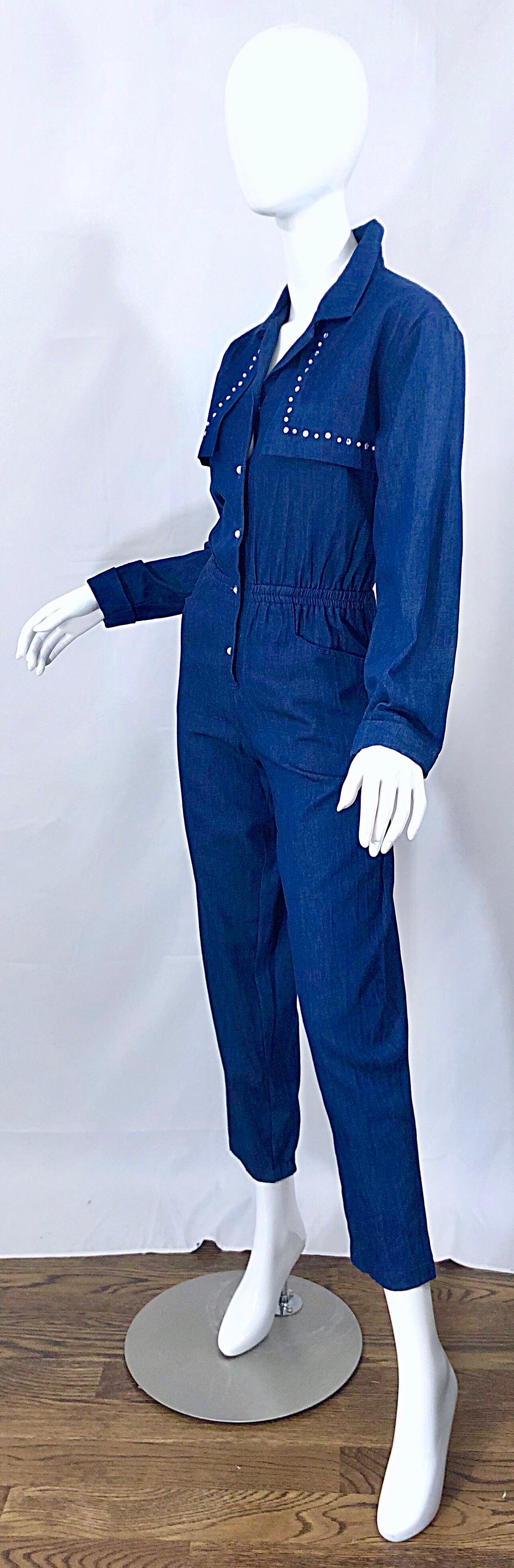 Amazing 1990s French Designer Blue Jean Denim + Rhinestone Pear Vintage Jumpsuit 1