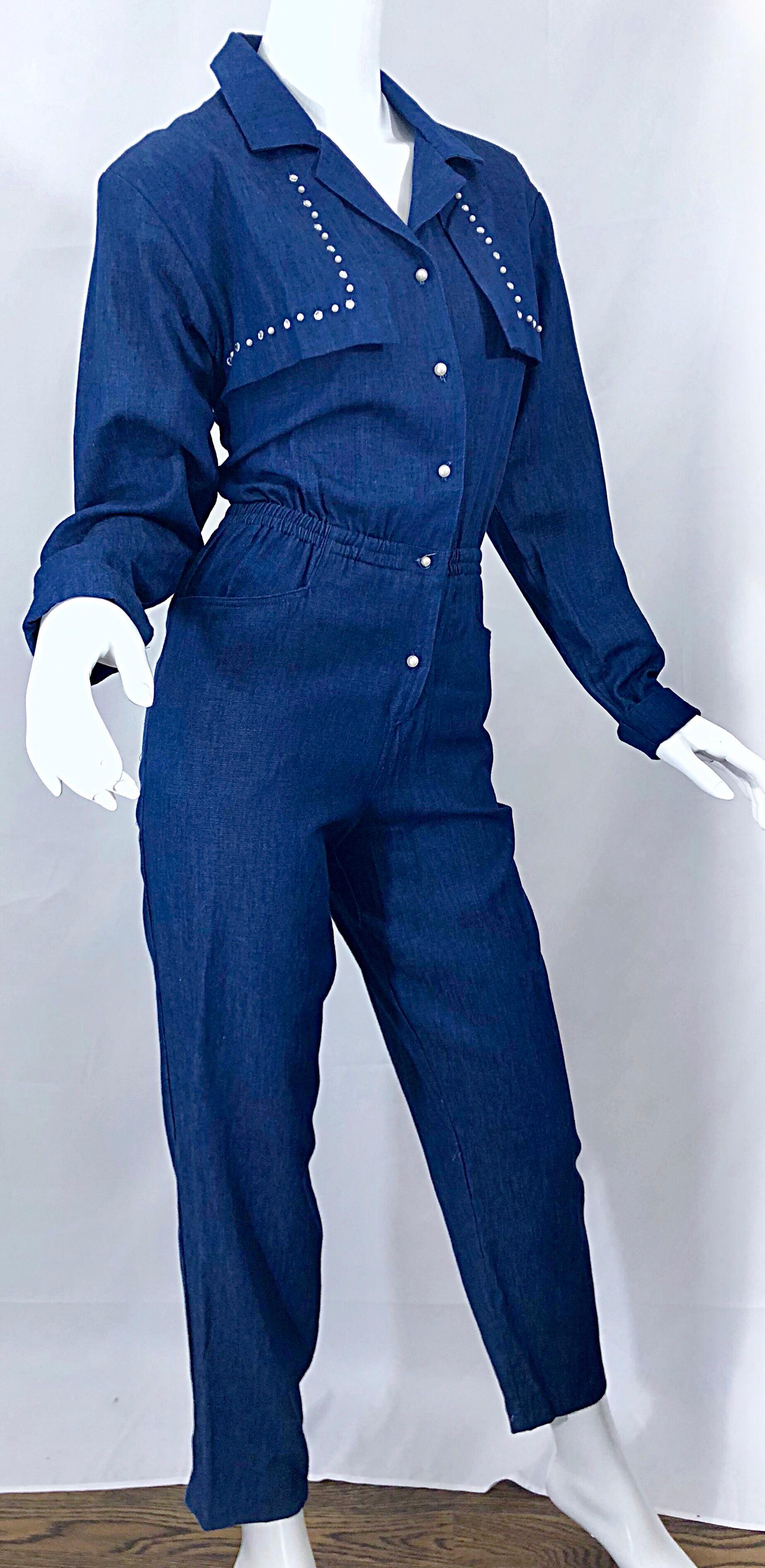 Amazing 1990s French Designer Blue Jean Denim + Rhinestone Pear Vintage Jumpsuit 2