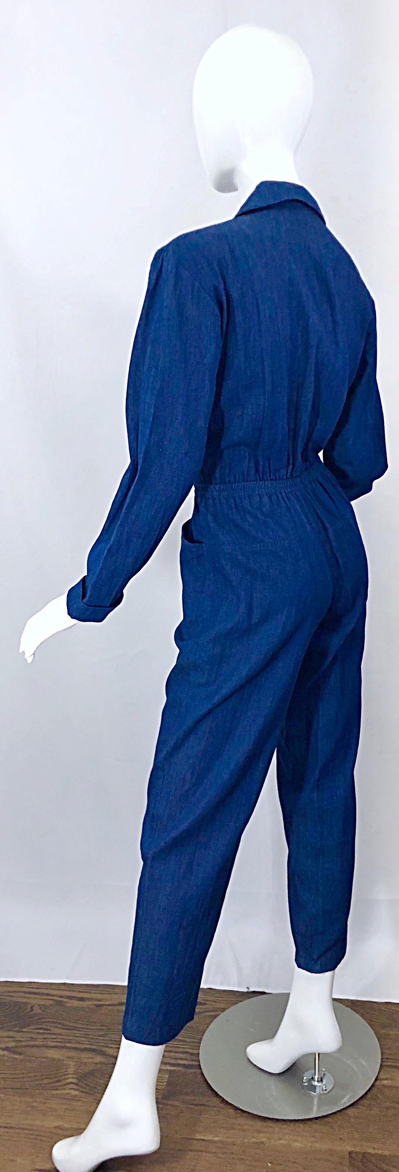 Amazing 1990s French Designer Blue Jean Denim + Rhinestone Pear Vintage Jumpsuit 3