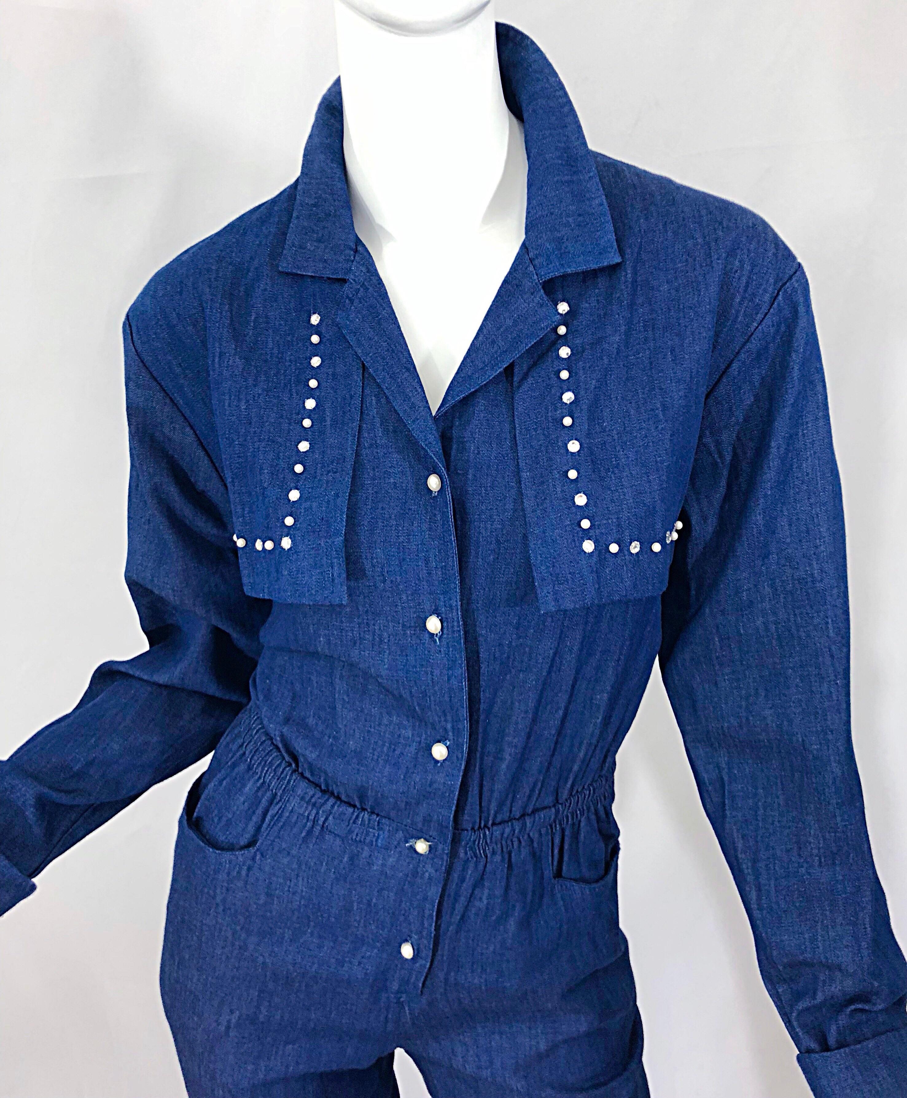 Amazing 1990s French Designer Blue Jean Denim + Rhinestone Pear Vintage Jumpsuit 4