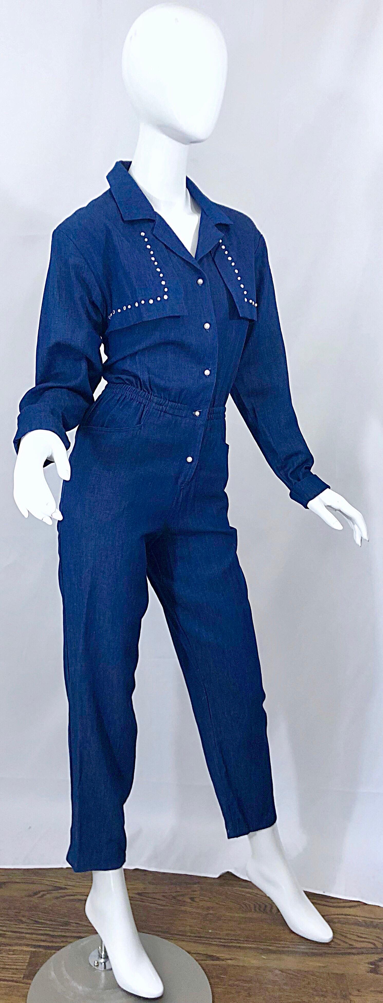 Amazing 1990s French Designer Blue Jean Denim + Rhinestone Pear Vintage Jumpsuit 5