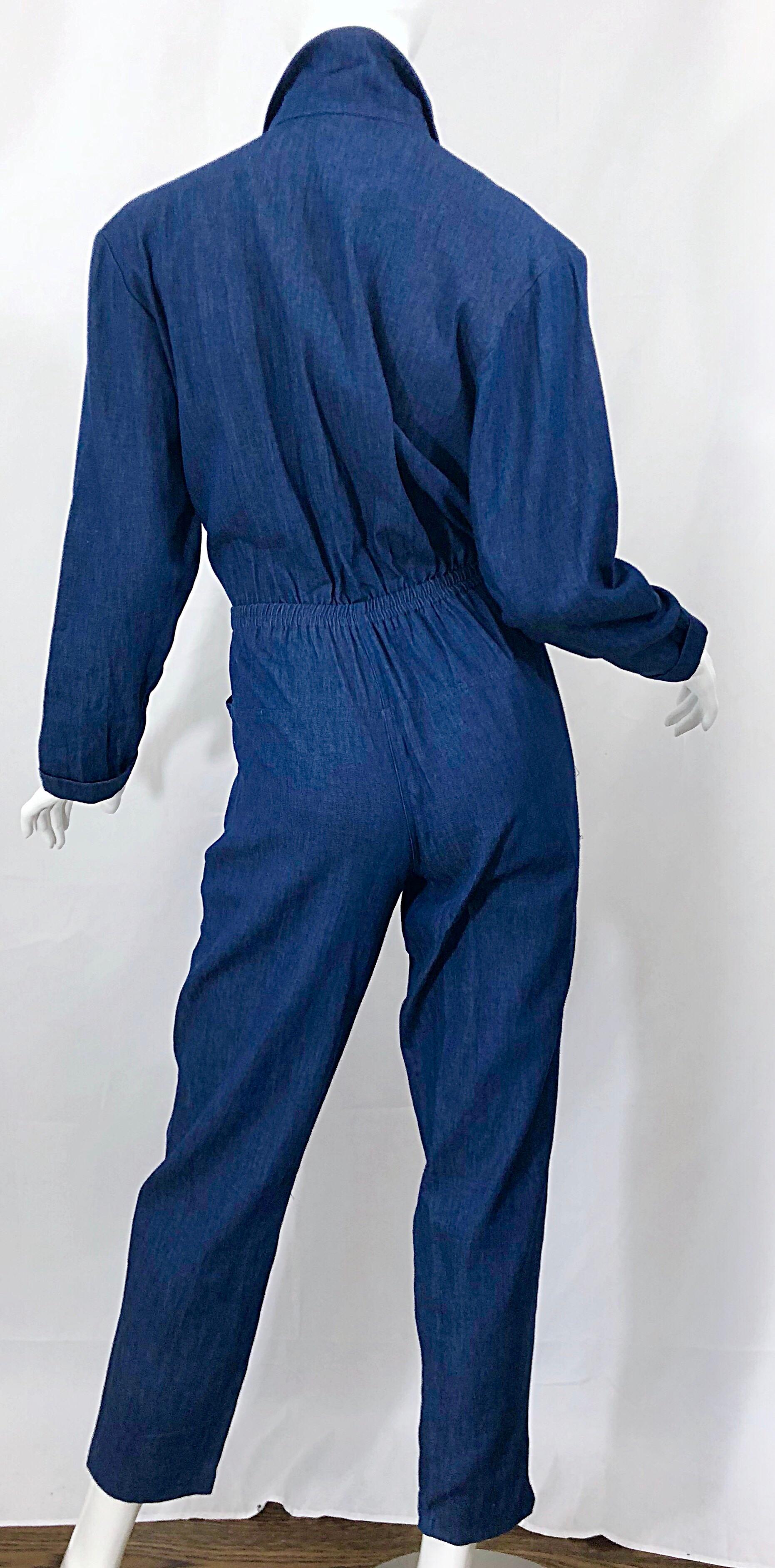 Amazing 1990s French Designer Blue Jean Denim + Rhinestone Pear Vintage Jumpsuit 6