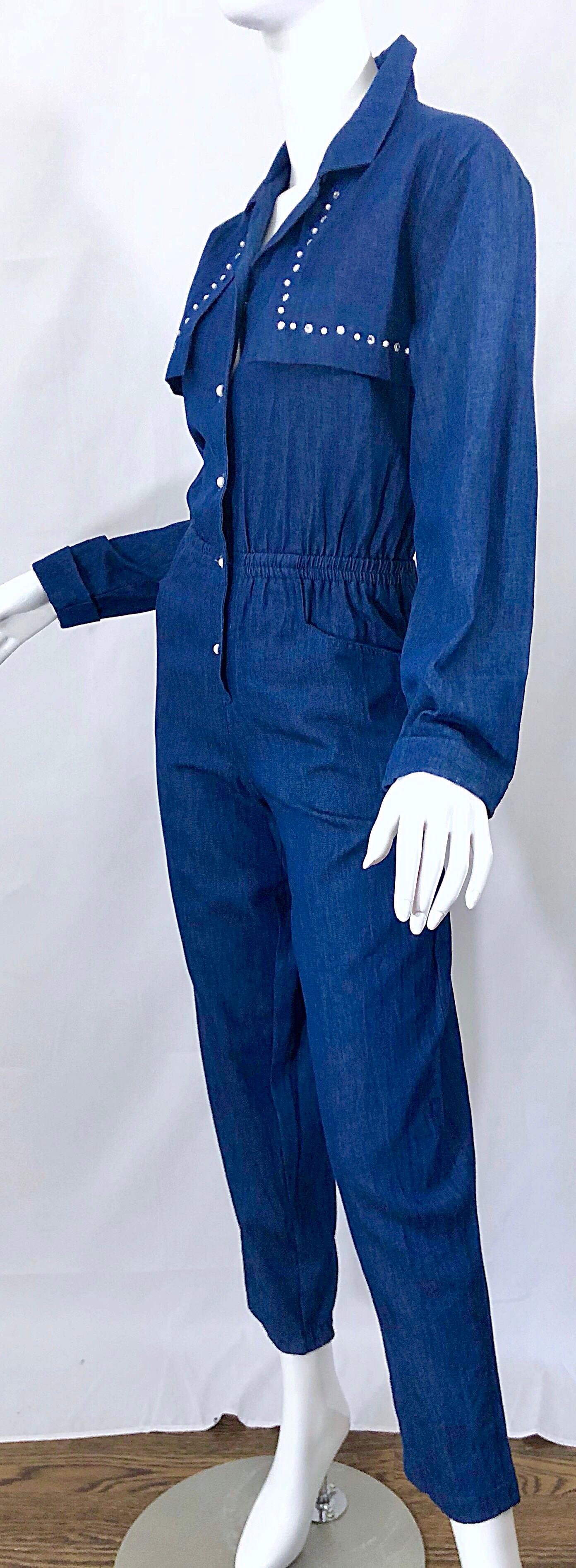 Amazing 1990s French Designer Blue Jean Denim + Rhinestone Pear Vintage Jumpsuit 7