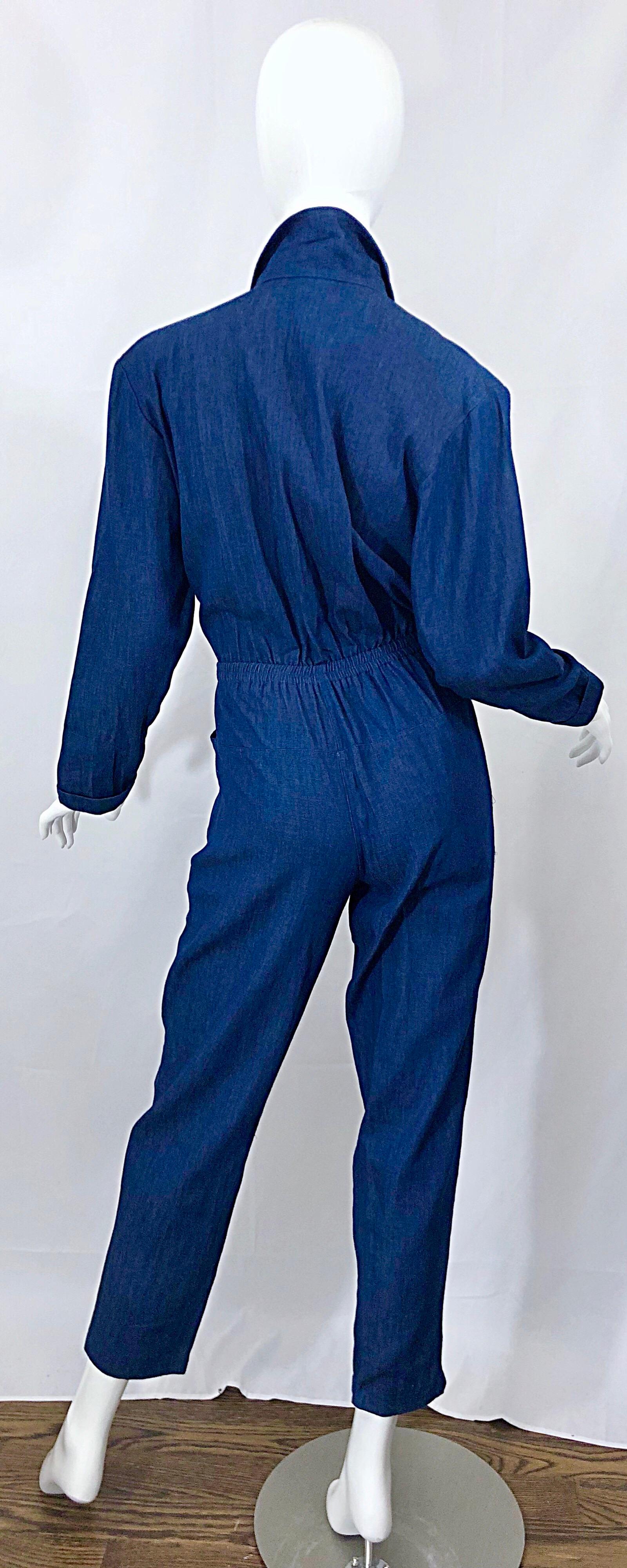 Amazing 1990s French Designer Blue Jean Denim + Rhinestone Pear Vintage Jumpsuit 8