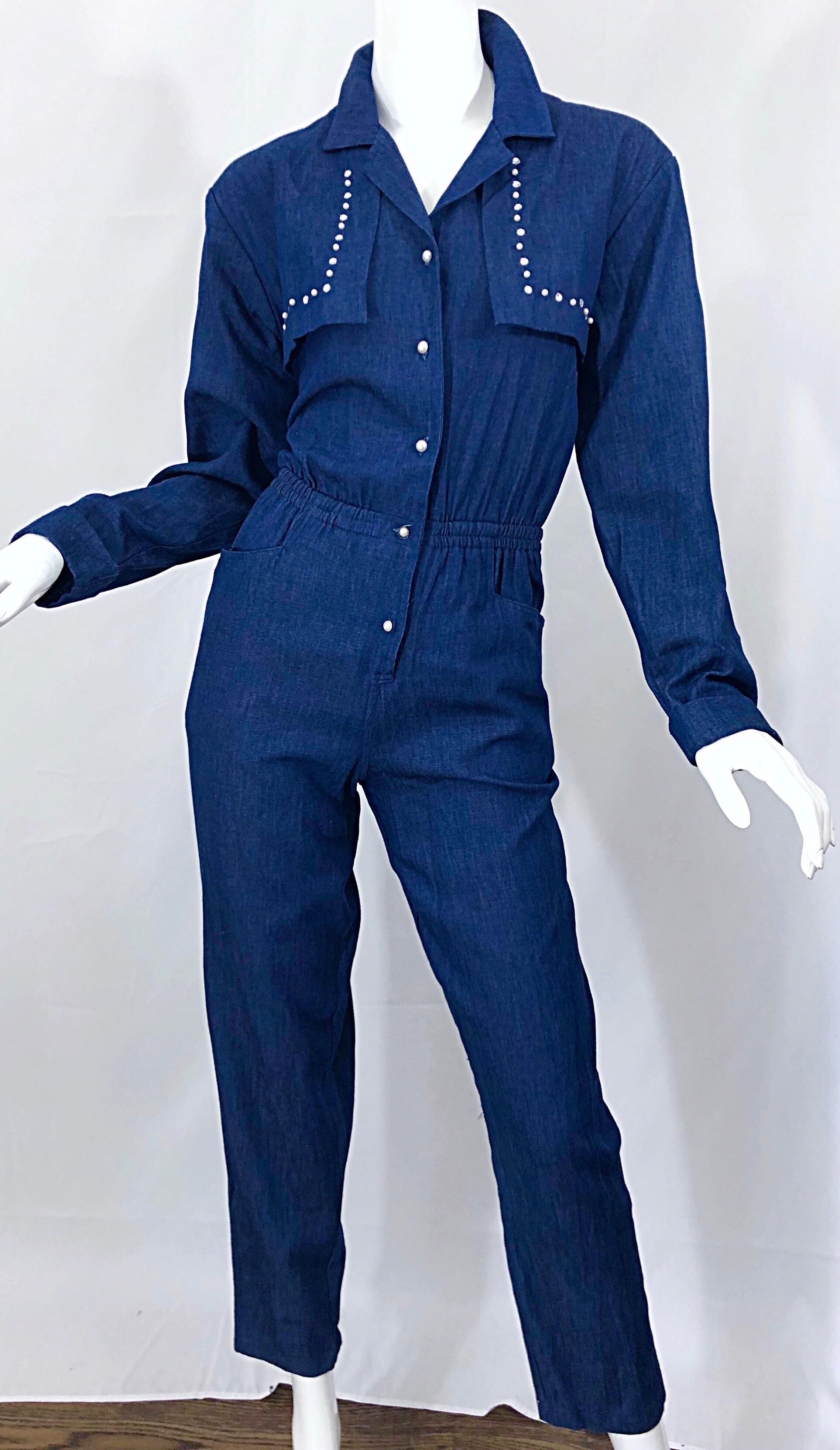 Amazing 1990s French Designer Blue Jean Denim + Rhinestone Pear Vintage Jumpsuit 9