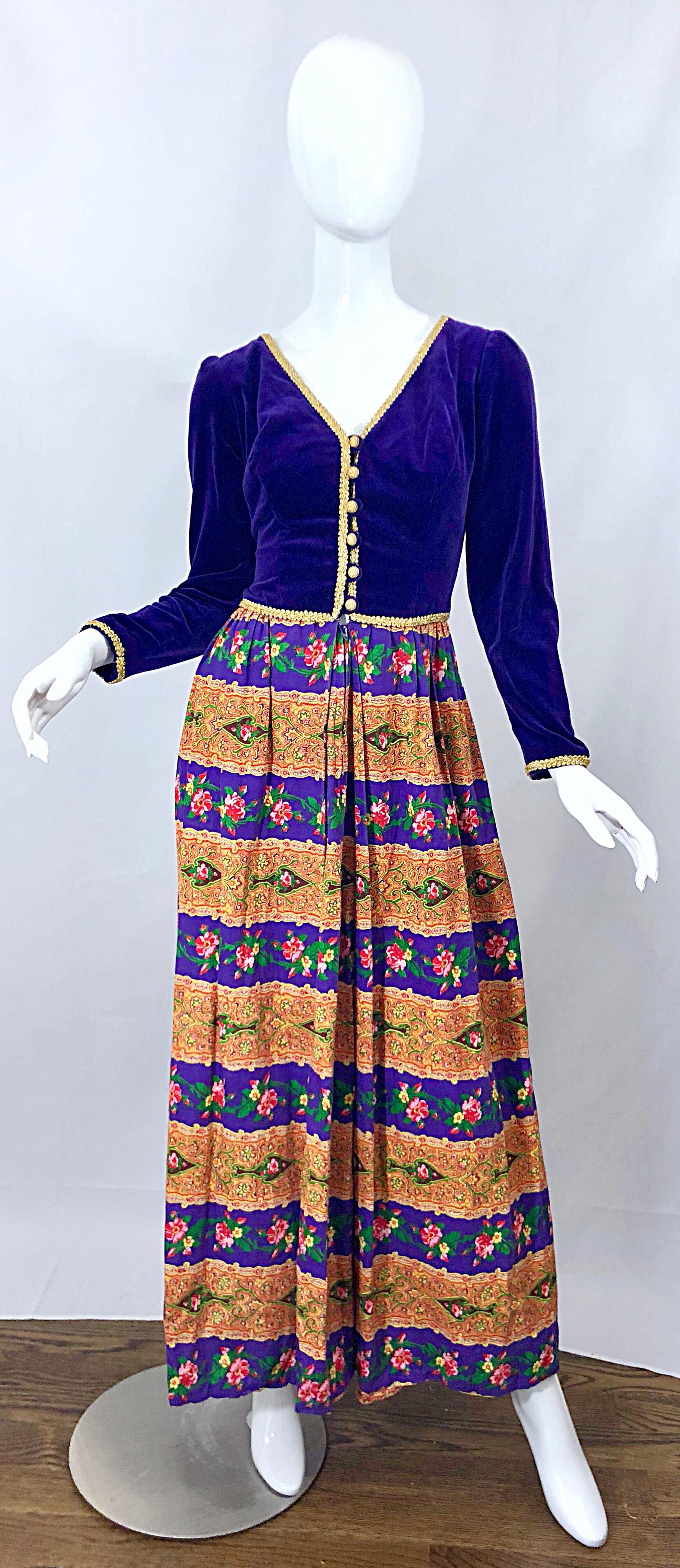 Incredible 1970s Jay Morley for Fern Violette Purple Velvet Regal 70s Maxi Dress For Sale 6