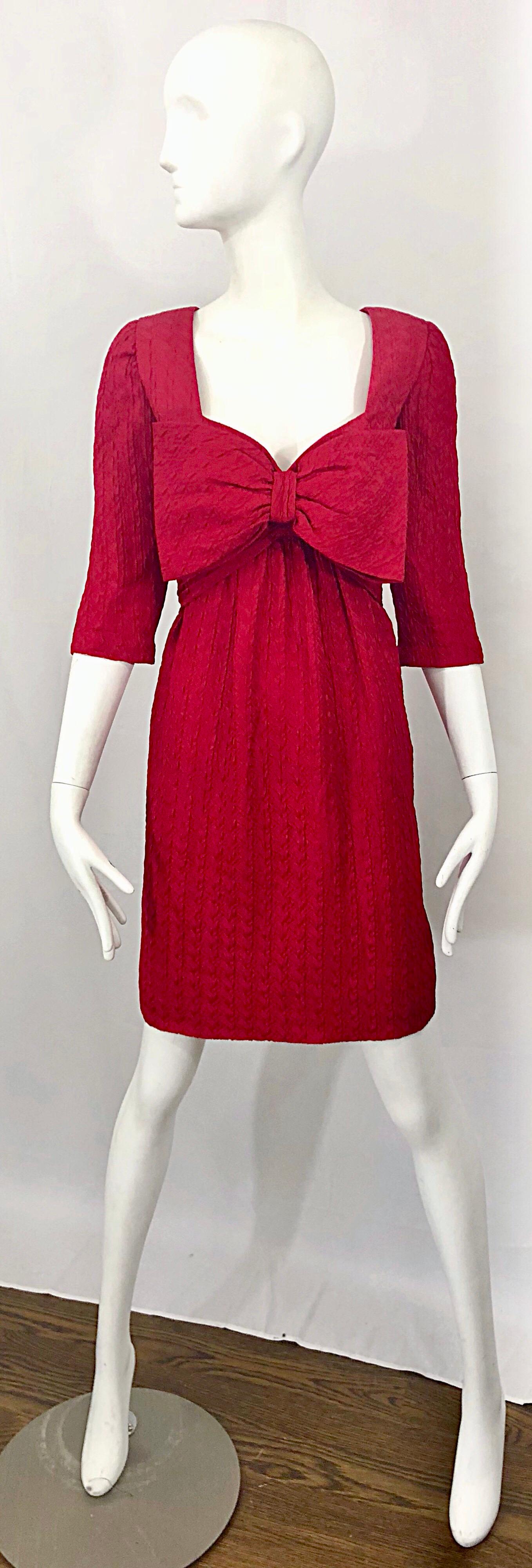 Vintage Oscar de la Renta Size 10 Lipstick Red Avant Garde Silk 3/4 Sleeve Dress For Sale 6