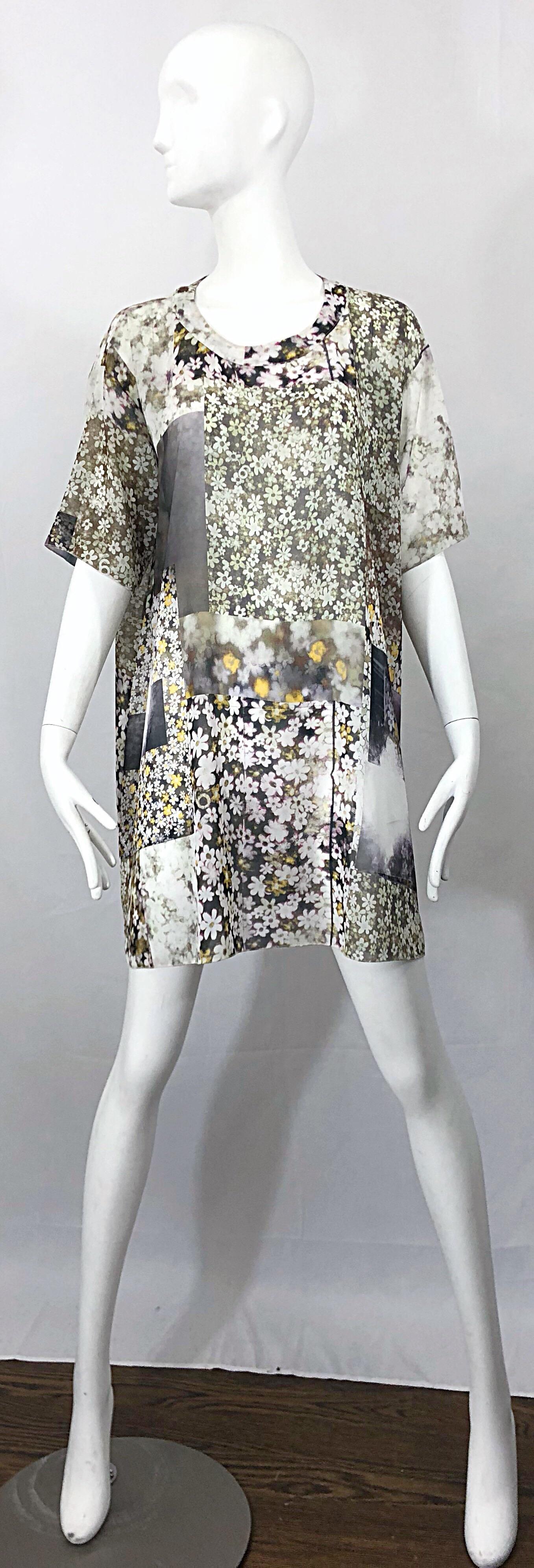 Rare MAISON MARGIELA MM6 oversized silky photo print patchwork semi sheer t-shirt dress tunic! Features warm tones in green, lavender purple, gray and yellow. Solid gray sheer panels throughout. Simply slips over the head. Great alone, or layered