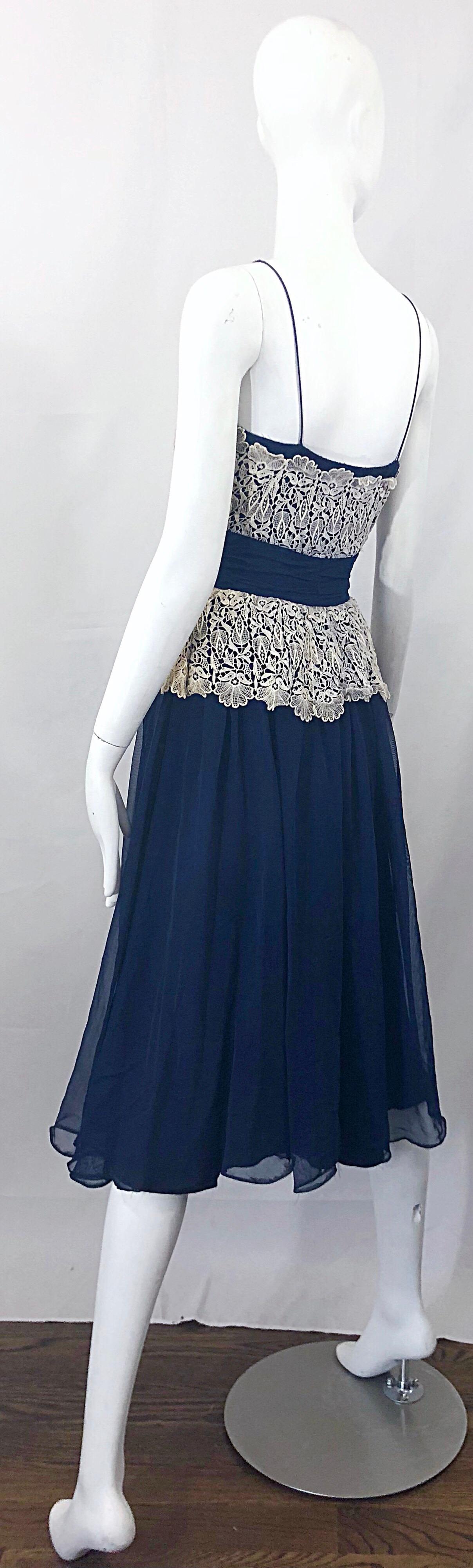 Beautiful 1950s Fred Perlberg Navy Blue +  Ivory Rhinestone 50s Vintage Dress In Excellent Condition For Sale In San Diego, CA