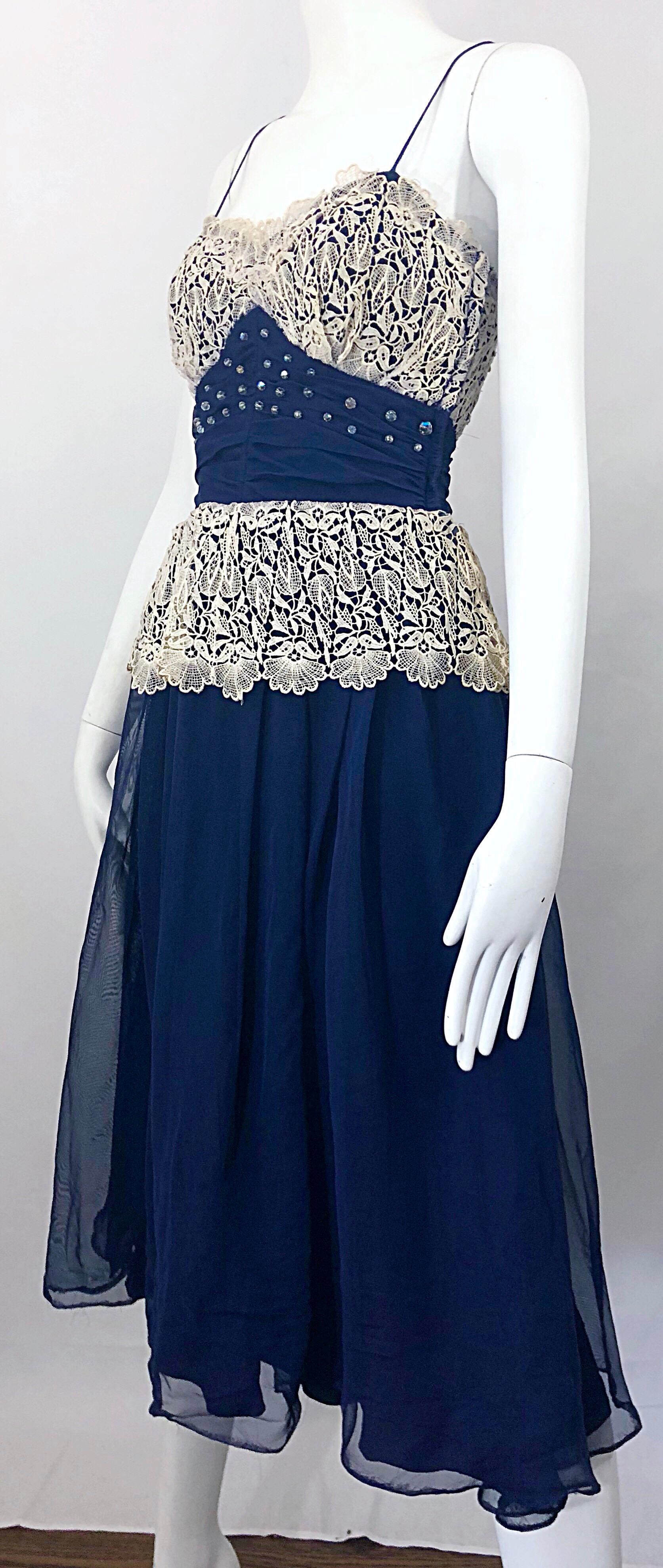 Women's Beautiful 1950s Fred Perlberg Navy Blue +  Ivory Rhinestone 50s Vintage Dress For Sale