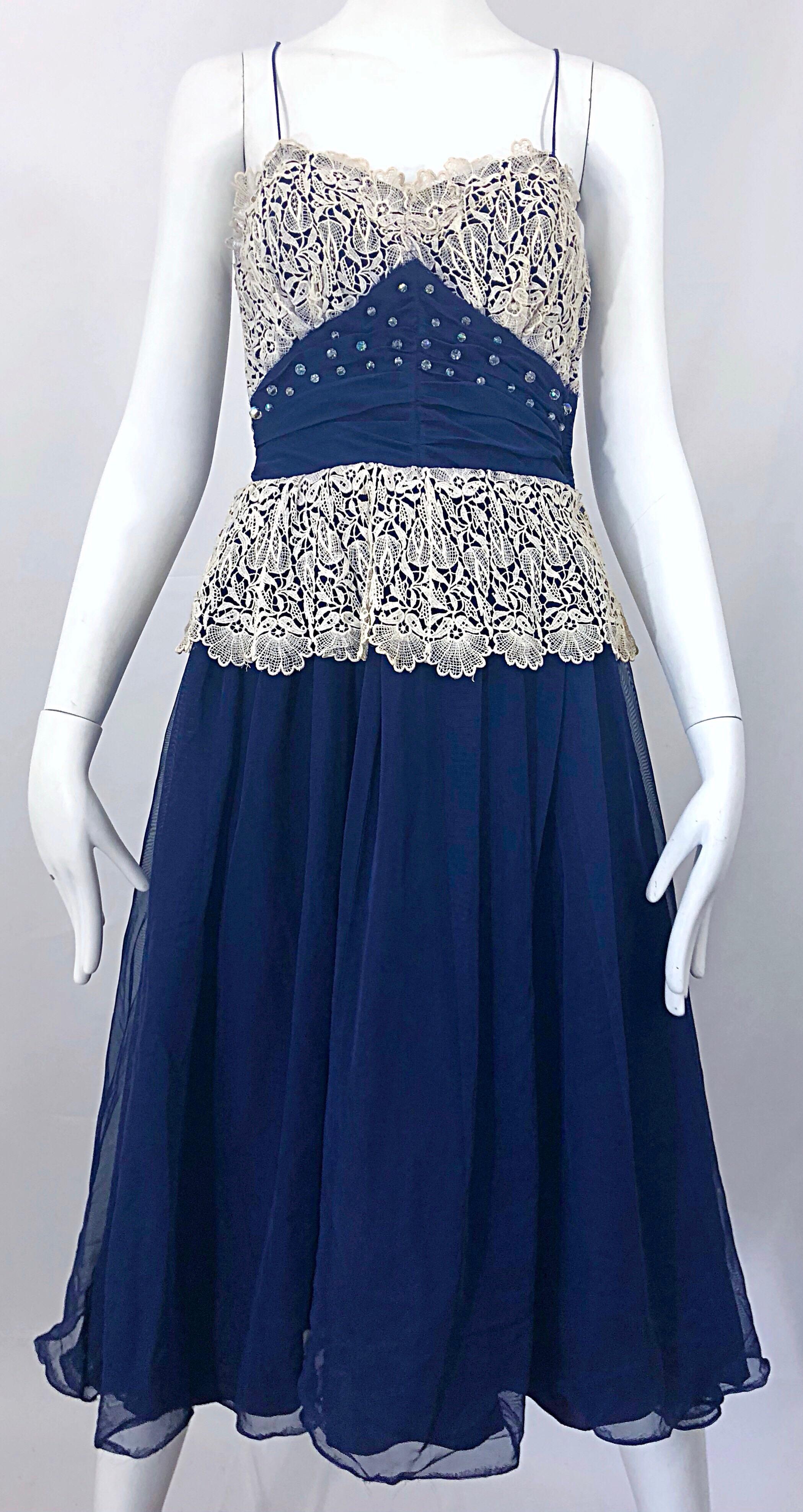 Beautiful 1950s Fred Perlberg Navy Blue +  Ivory Rhinestone 50s Vintage Dress For Sale 1