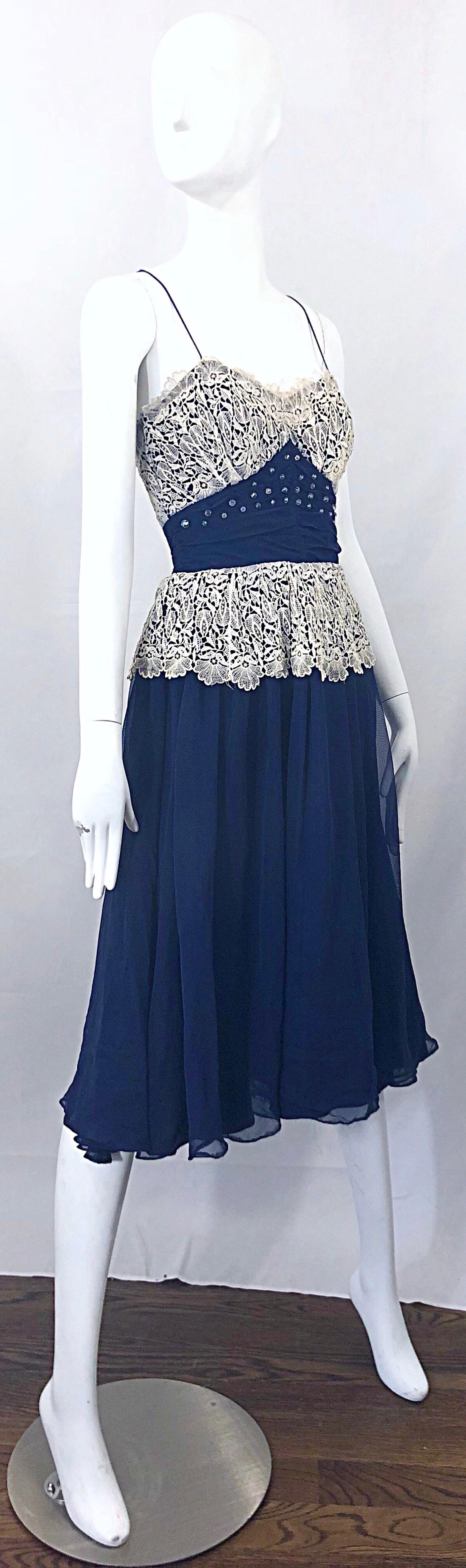 Beautiful 1950s Fred Perlberg Navy Blue +  Ivory Rhinestone 50s Vintage Dress For Sale 2