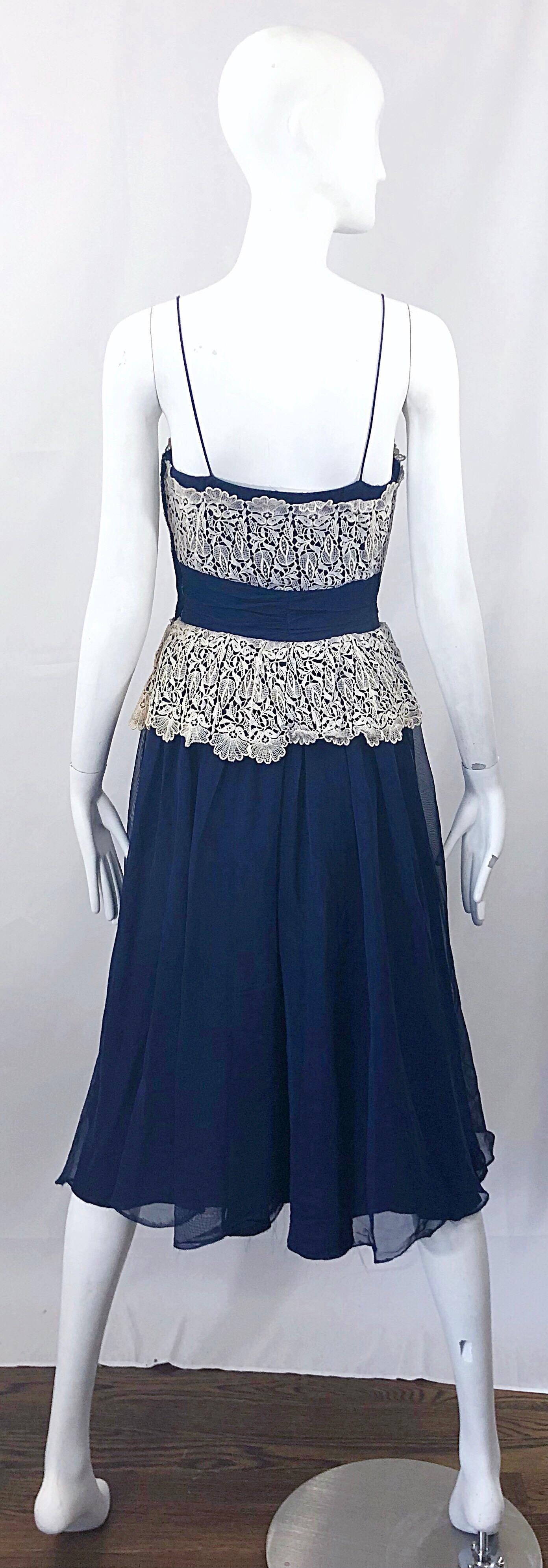 Beautiful 1950s Fred Perlberg Navy Blue +  Ivory Rhinestone 50s Vintage Dress For Sale 3